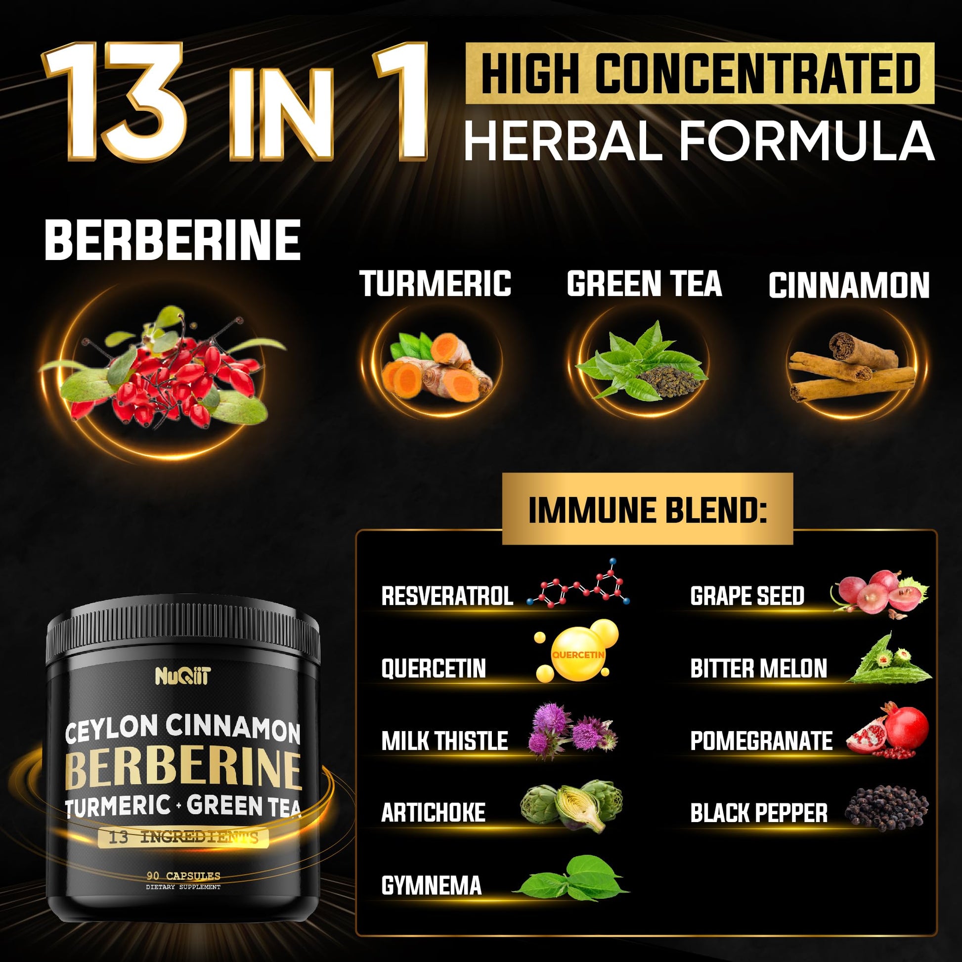 Berberine Supplement. Added Turmeric Curcumin, Green Tea & More - Support Heart Health, Body Management & Immune System - 90 Capsules for 3 Month Supply - Medaid International