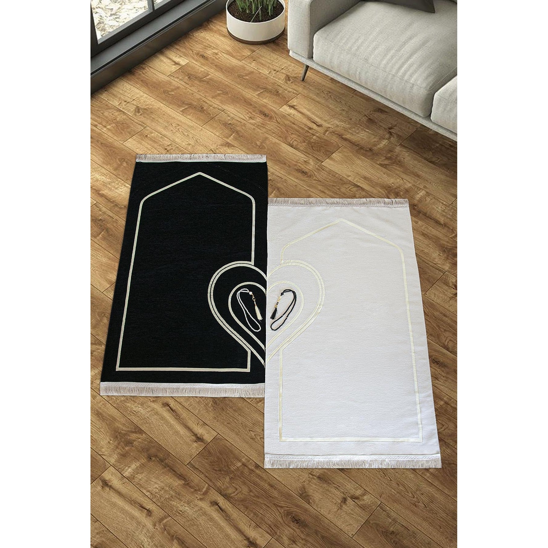 ihvan online, Muslim Prayer Rug for Couples, Praying Mat Set for Women & Men, Heart Patterned, Soft, Prayer Beads, Islamic Gifts for Ramadan Eid Valentines Day, Two Pieces, White-Black - Medaid International
