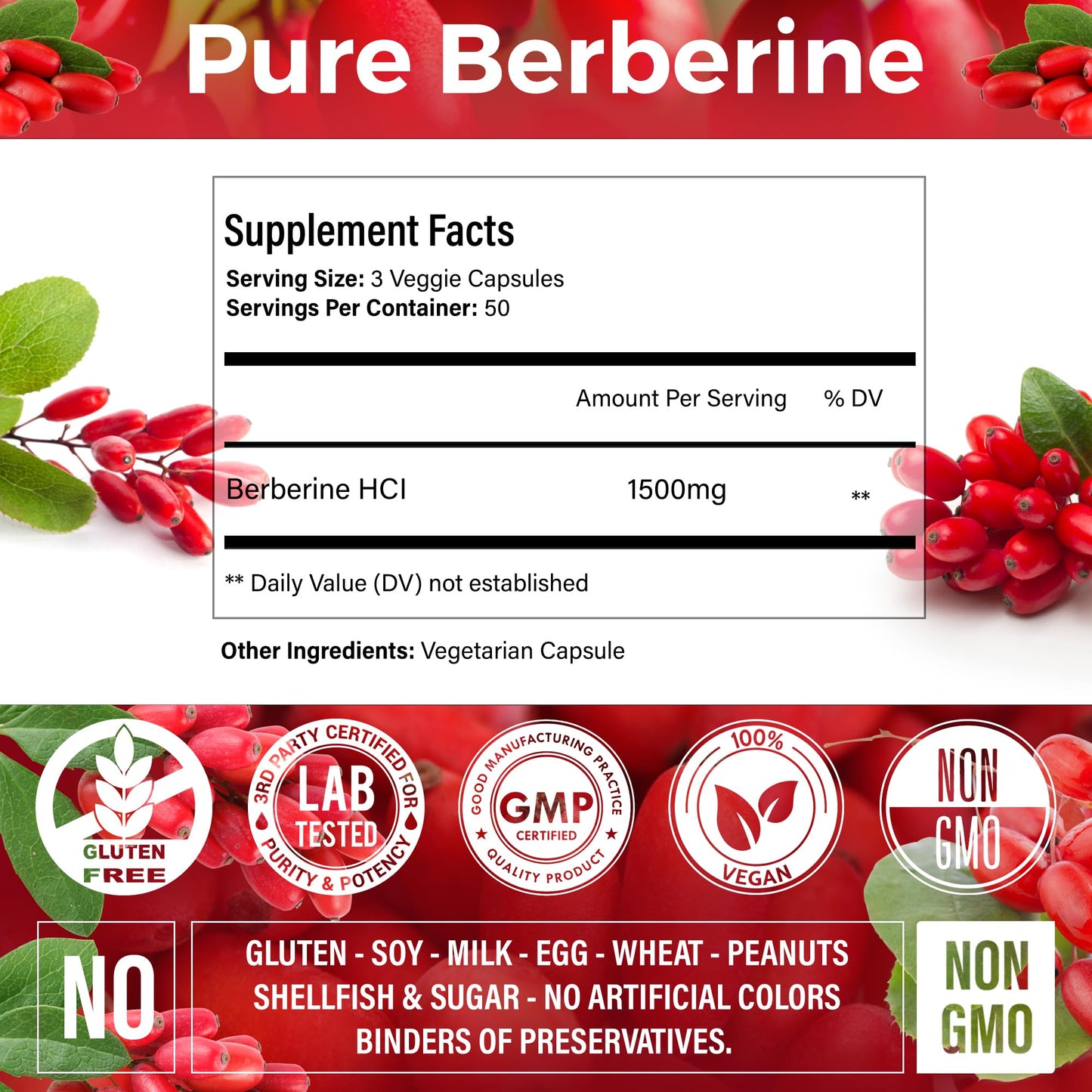 Premium Berberine Supplement, 150 Capsules – 50 Days Supply, 1500mg Berberine Per Serving, Berberine HCI, Made from 100% Pure & Natural Ingredients, Non-GMO, Gluten-Free. - Medaid International