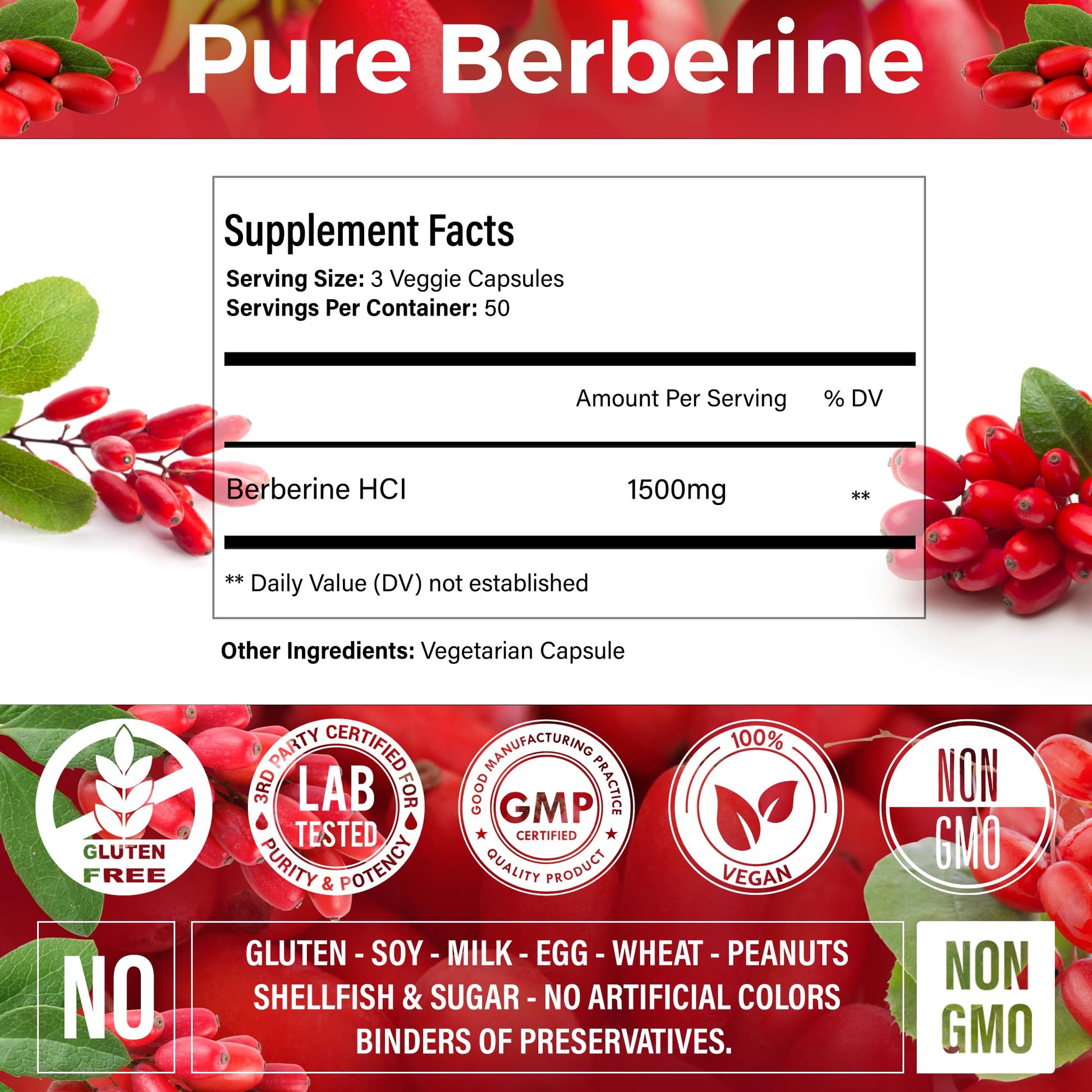 Premium Berberine Supplement, 150 Capsules – 50 Days Supply, 1500mg Berberine Per Serving, Berberine HCI, Made from 100% Pure & Natural Ingredients, Non-GMO, Gluten-Free. - Medaid International
