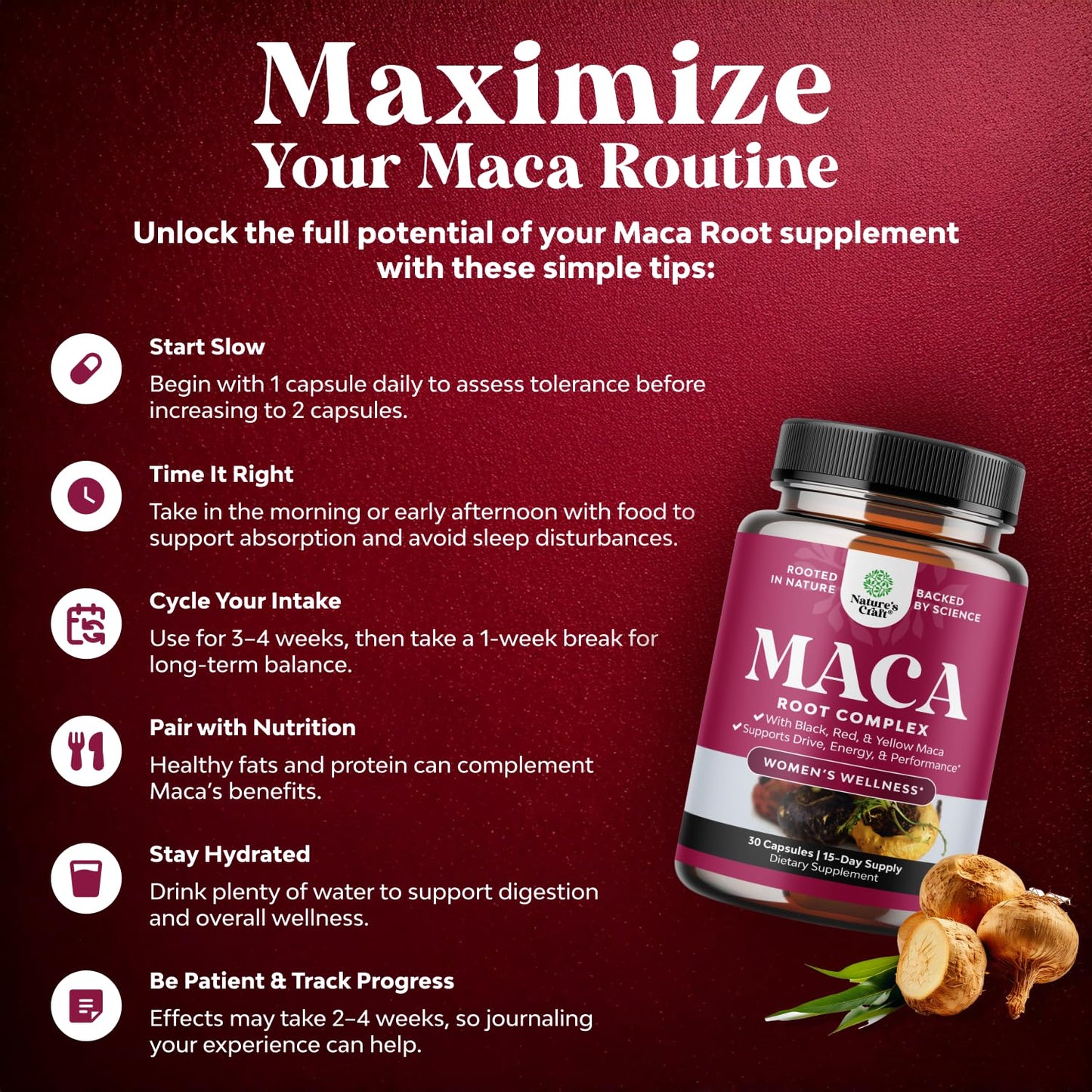 Organic Maca Root Capsules for Women - Potent Herbal Supplement with Female Enhancing Blend of Red Yellow & Black Maca Root - Non-GMO Certified Vegan and Gluten-Free with No Artificial Colors 30 Caps - Medaid International