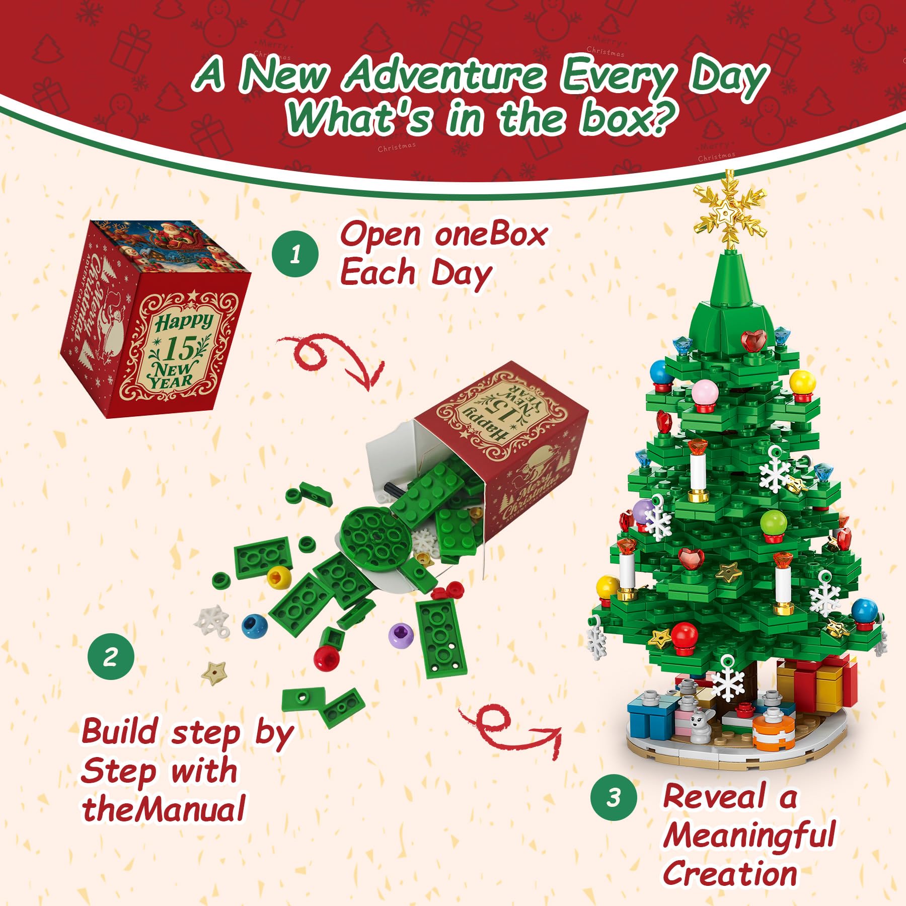 Rubypop Christmas Tree Advent Calendar 2025, 24 Day Countdown Kit with 912PCS Building Blocks Set, Xmas Holiday Decorations Gift for Kids Teen Girls Boys (Santa Sleigh Reindeer) - Medaid International