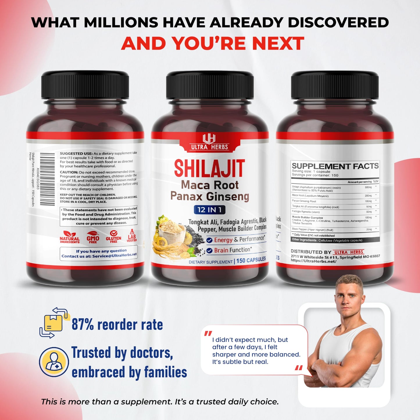 Shilajit Pure Himalayan - Energy Booster 85% Fulvic Acid, Maca Root, Panax Ginseng, Tongkat Ali, Fadogia Agrestis - Metabolism & Immunity Support - 150 Capsules - Medaid International