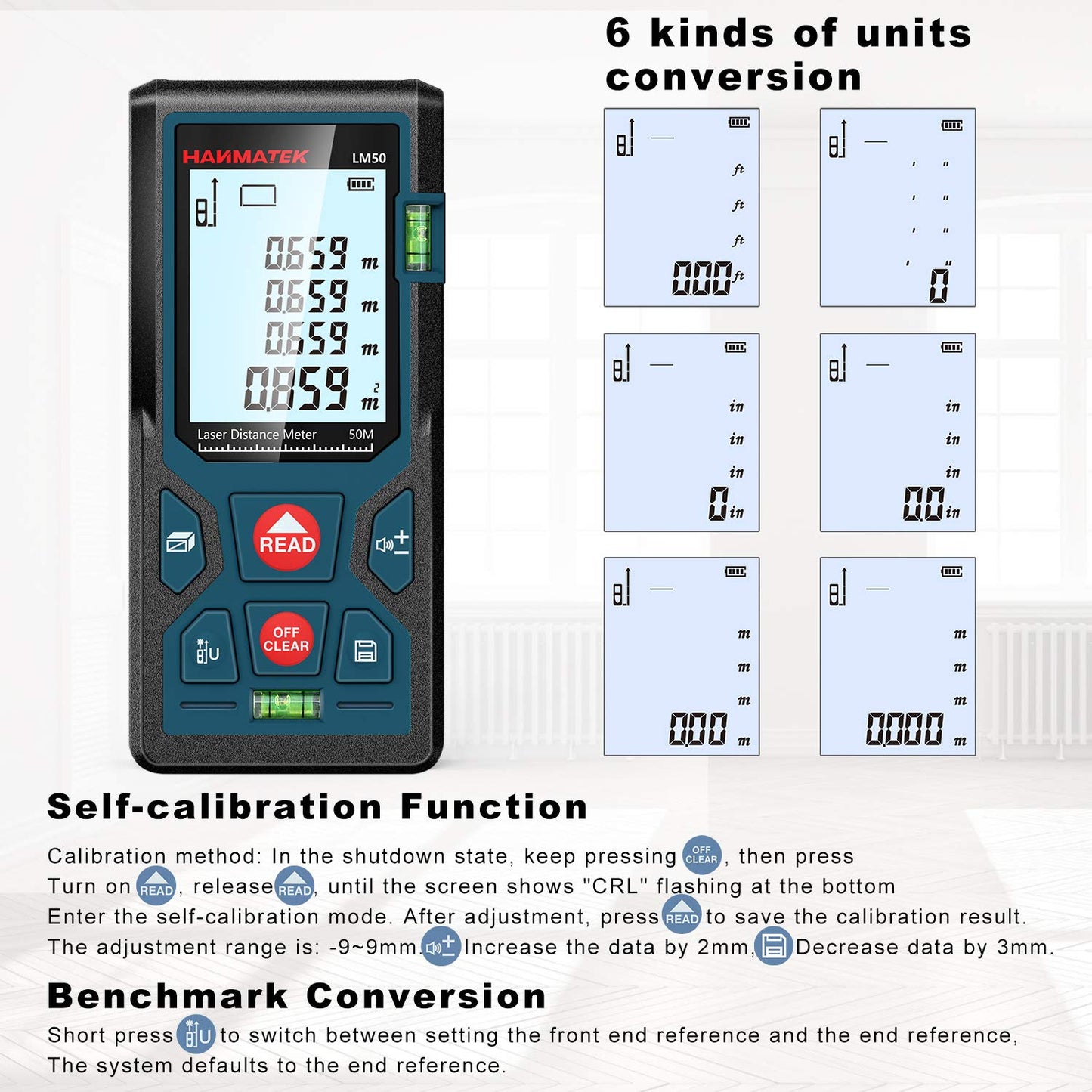 165ft/50m Laser Measure Ft/in/M Switching LM50 Laser Measurement Tool Devices with 2 Bubble Levels Distance Meter,Large Backlit LCD - Medaid International