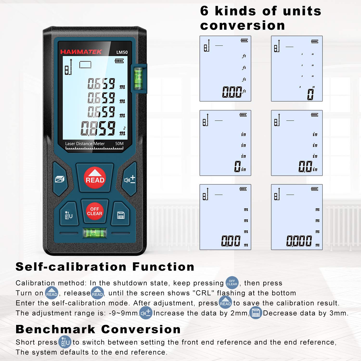 165ft/50m Laser Measure Ft/in/M Switching LM50 Laser Measurement Tool Devices with 2 Bubble Levels Distance Meter,Large Backlit LCD - Medaid International