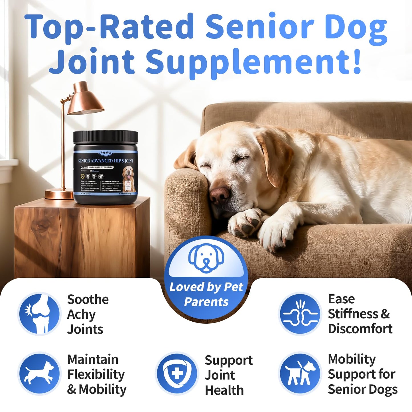 POPPAW Senior Advanced Joint Supplement for Dogs – 17-in-1 Glucosamine for Dogs with Chondroitin – Hip & Joint Pain Relief Pills – Mobility Support Chews – Large & Small Breeds - Chicken Flavor – 90Ct