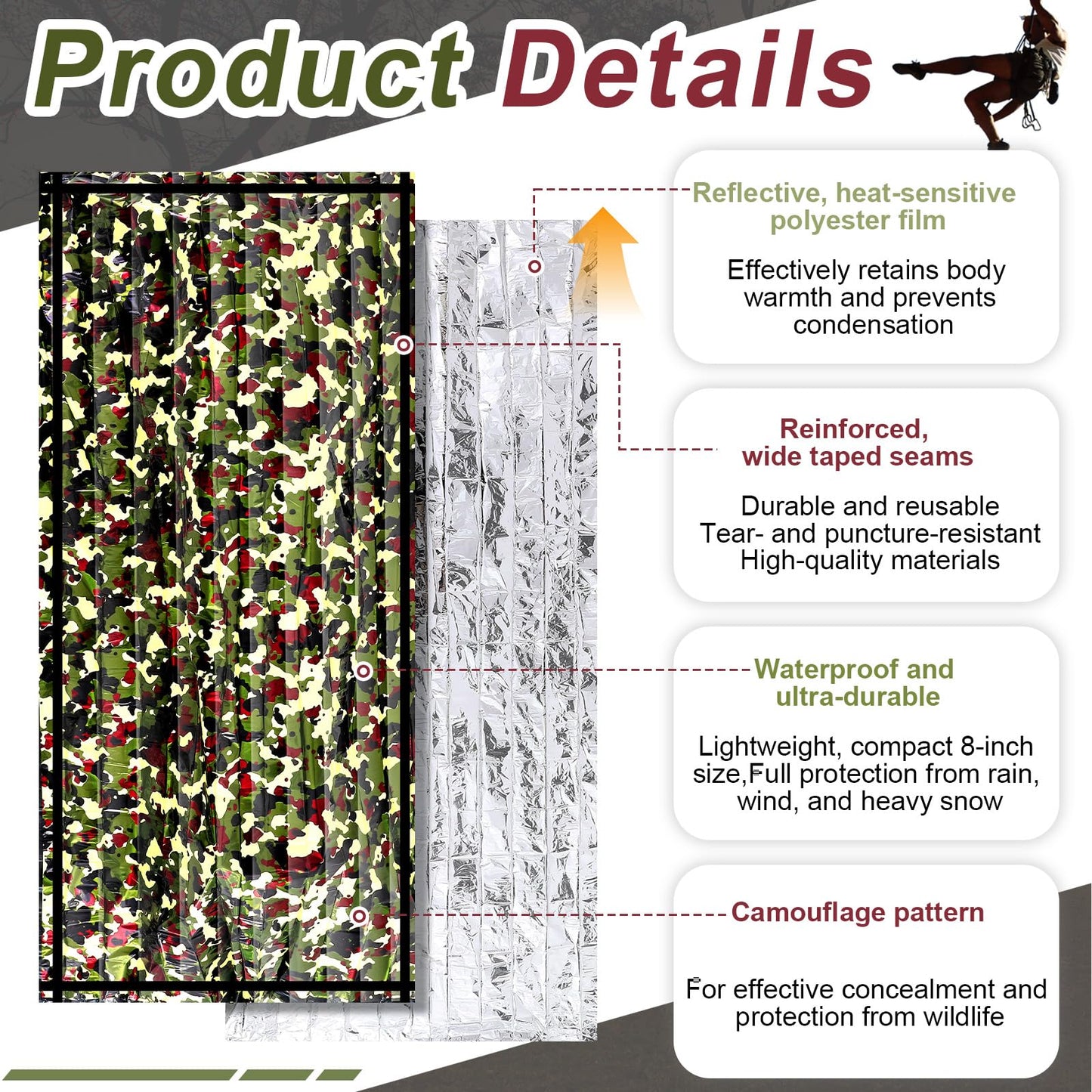 Preboun 10 Pcs Camo Emergency Sleeping Bags Camo Blankets Emergency Shelter Survival Gear Portable Lightweight Thermal Bivy Sack Waterproof for Outdoor Camping Hiking Homeless Shelter