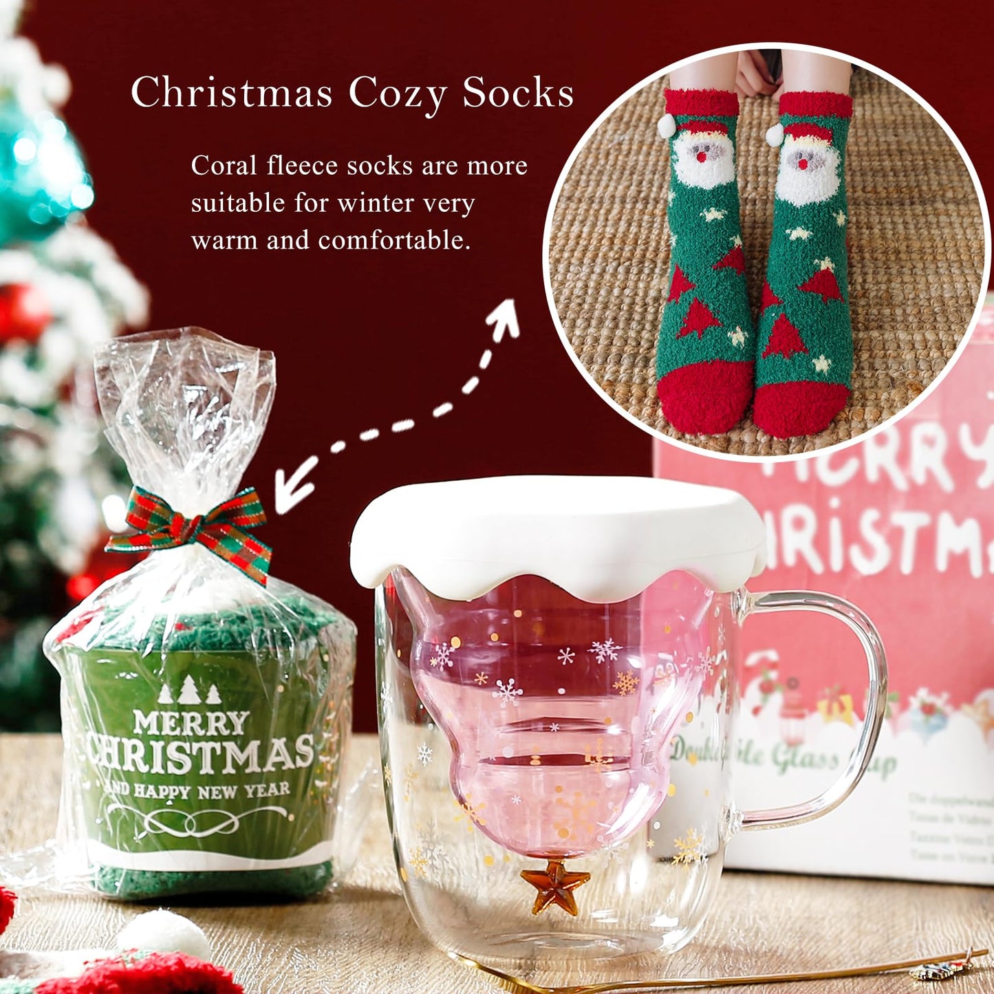 Binoster Cute Mugs Christmas Gifts Coffee Mug Double Walled Glass Mugs Milk Tea Espresso Cup Christmas Tree Decorations Christmas Funny Gifts for Women Men Kids Girls Her Best Friend（Pink） - Medaid International