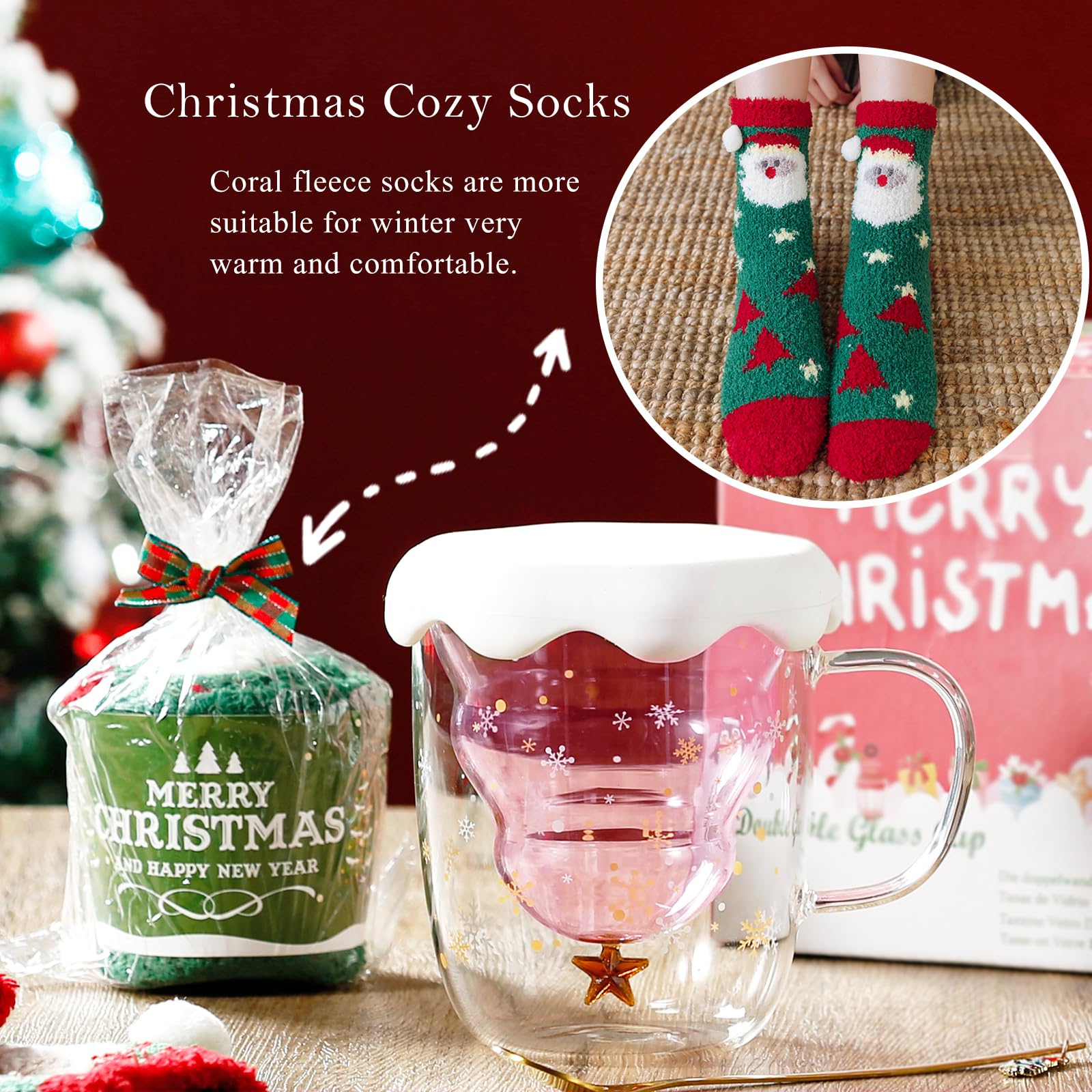 Binoster Cute Mugs Christmas Gifts Coffee Mug Double Walled Glass Mugs Milk Tea Espresso Cup Christmas Tree Decorations Christmas Funny Gifts for Women Men Kids Girls Her Best Friend（Pink） - Medaid International