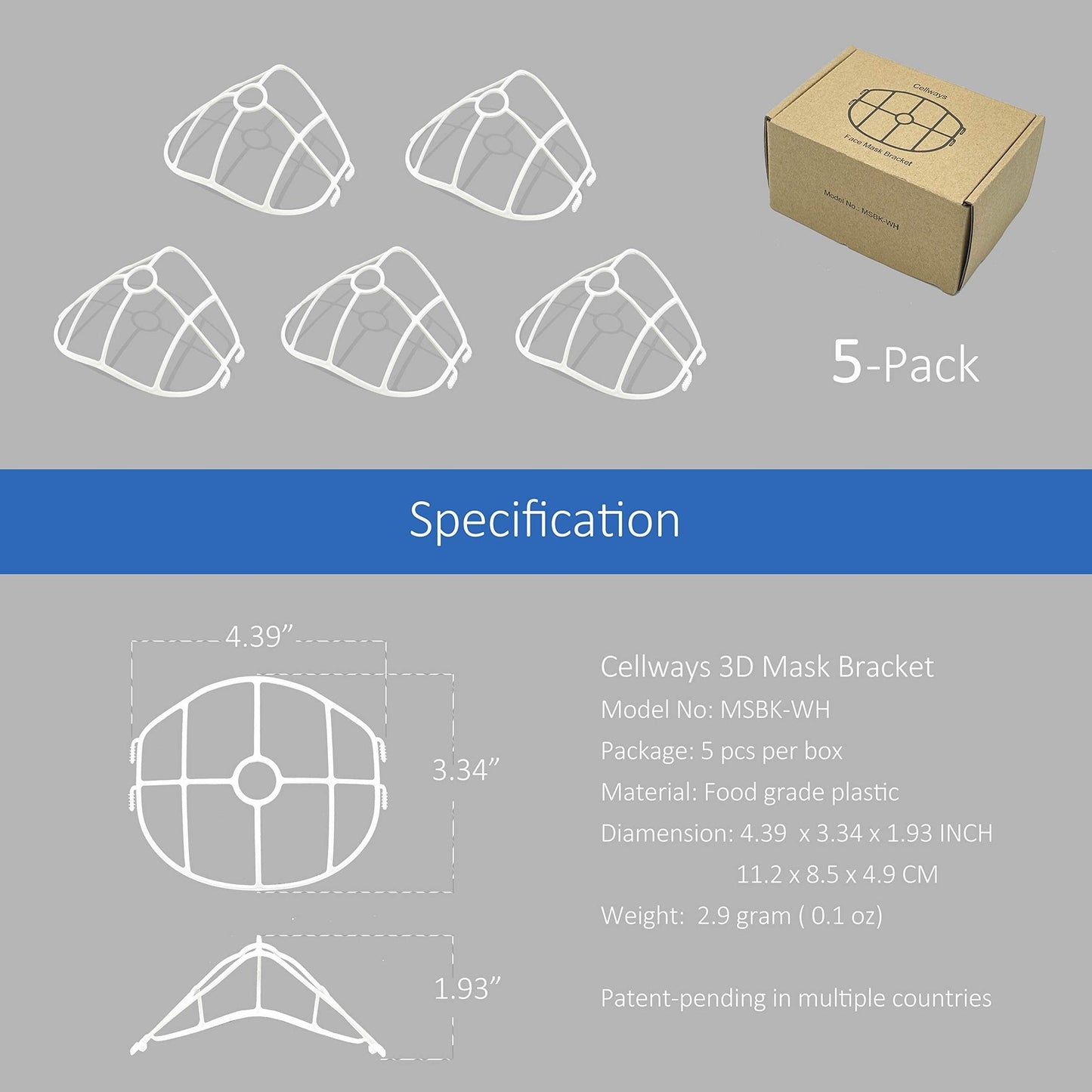 3D Face Mask Bracket, upgrade hook design, inner support frame, more space for comfortable breathing, made of food-grade plastic, 5 Pack. - Medaid International