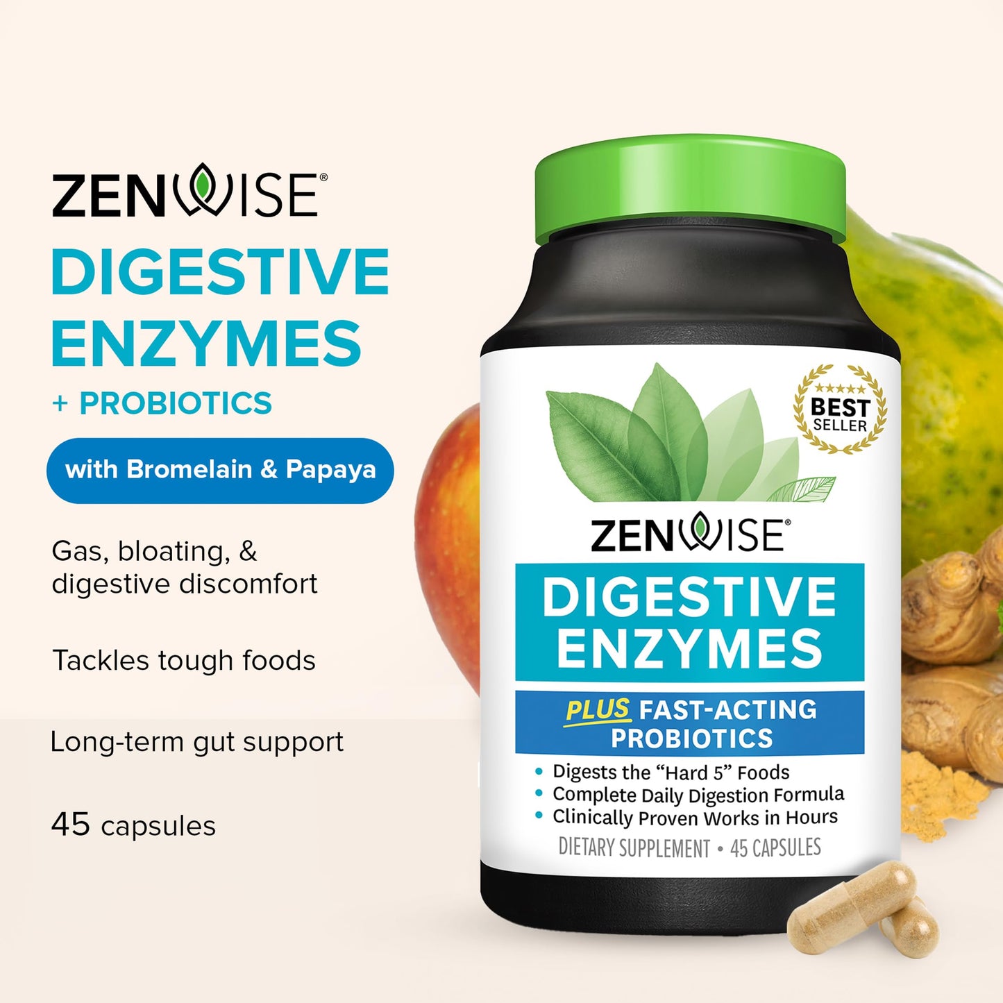 Zenwise Health Digestive Enzymes for Gut Health & Bloating Relief - Multi Enzymes Digestion Supplement with Probiotics, Bromelain & Papaya for Digestive Health Support - Men & Women - 45 Count - Medaid International