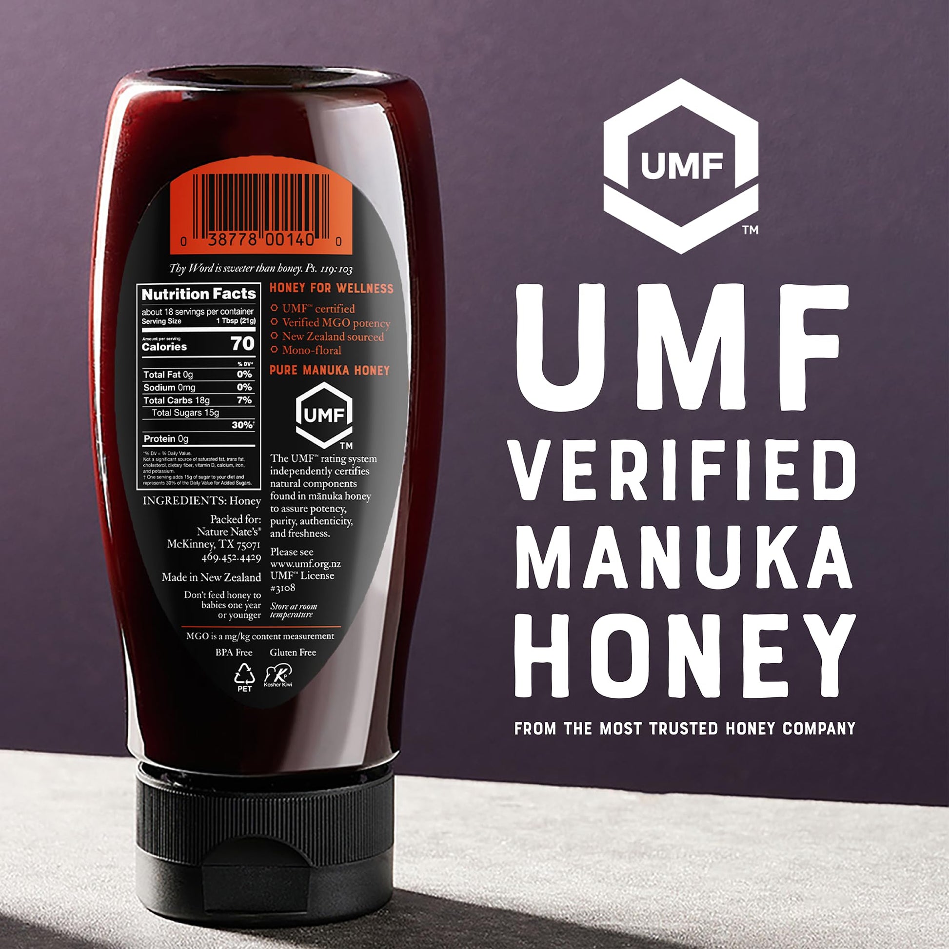 Nate's Raw Manuka Honey New Zealand MGO 512+ | UMF Certified 15+ | 13.2 oz Squeeze Bottle - Medaid International