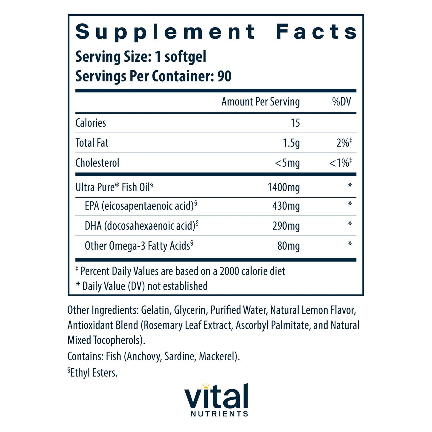 Vital Nutrients Ultra Pure® Fish Oil 800 | Supports Heart, Brain, & Immune Health* | Sustainably Sourced High EPA & DHA Omega-3 Fatty Acid | Lemon Flavor | Gluten, Dairy, Soy Free | 90 Softgels - Medaid International