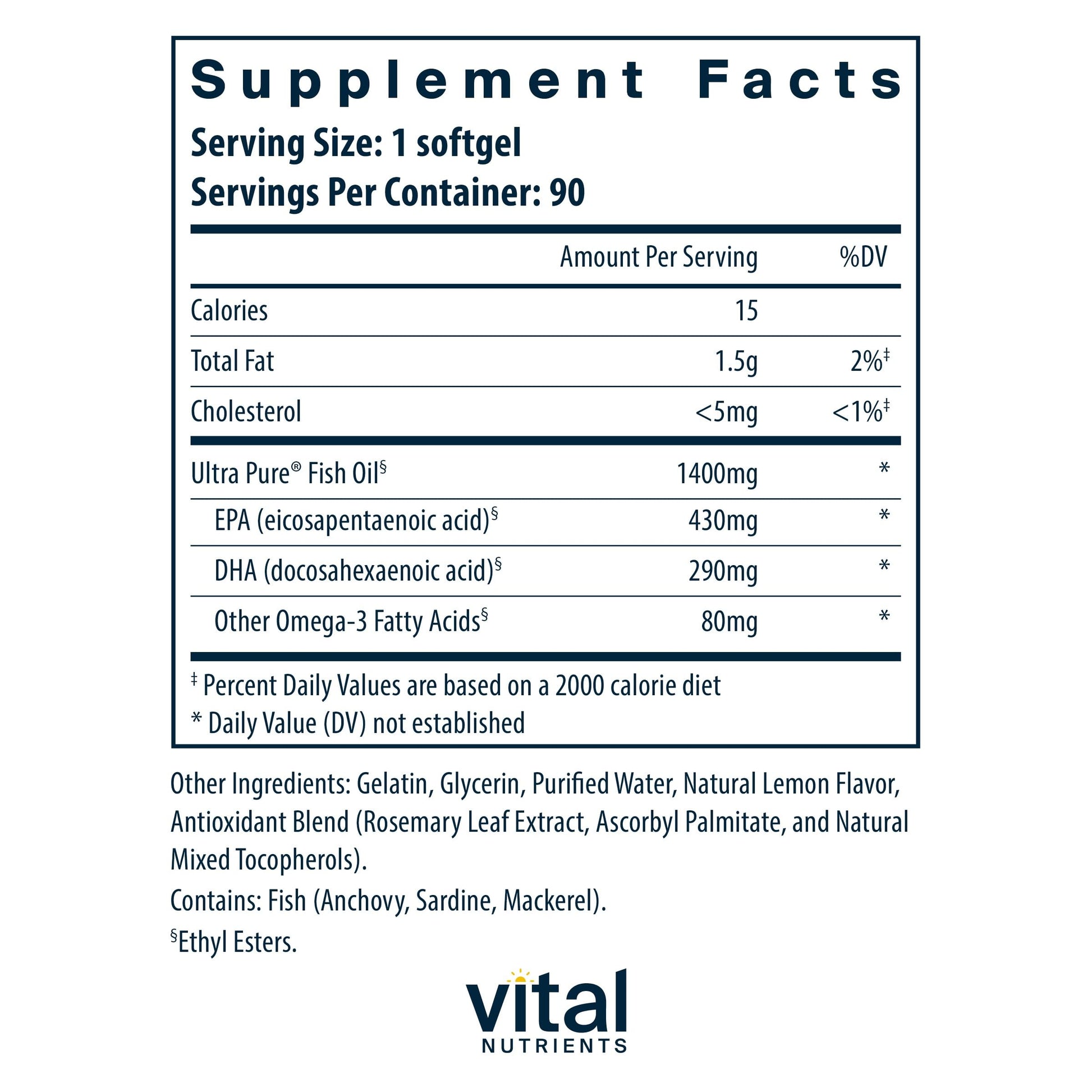 Vital Nutrients Ultra Pure® Fish Oil 800 | Supports Heart, Brain, & Immune Health* | Sustainably Sourced High EPA & DHA Omega-3 Fatty Acid | Lemon Flavor | Gluten, Dairy, Soy Free | 90 Softgels - Medaid International