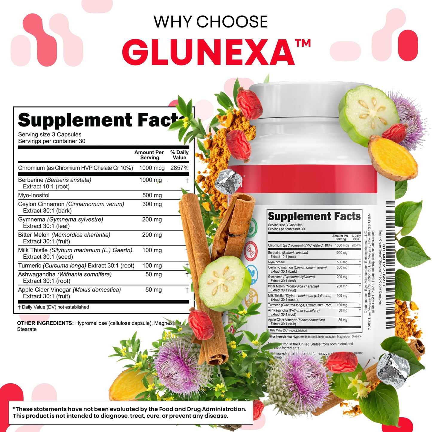 Clean Nutra Glunexa GLP-1 Complex with Berberine, Ceylon Cinnamon, Chromium, Inositol, and Bitter Melon | Premium Herbal and Mineral Blend | 90 Count Capsules - Medaid International