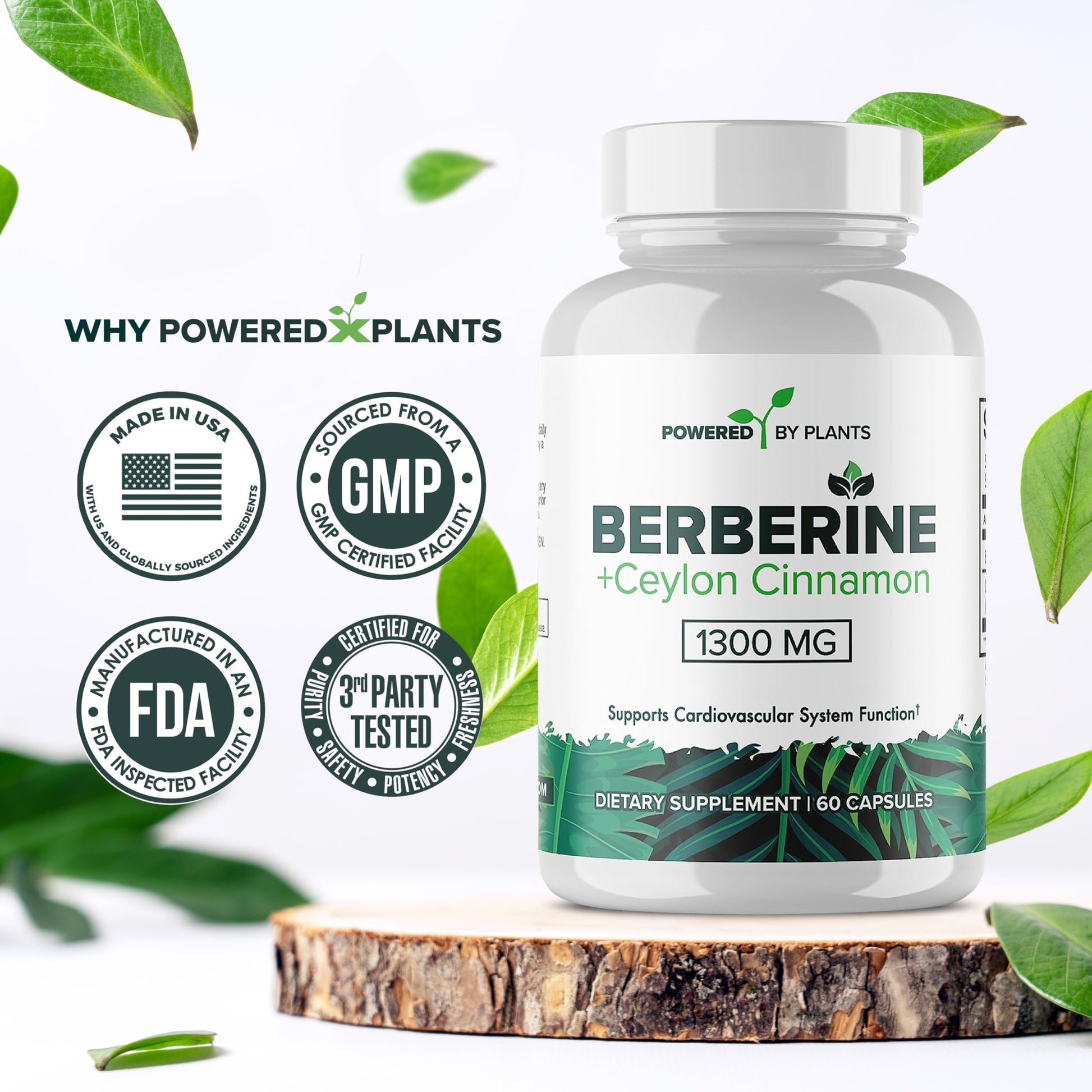 POWERED X PLANTS Pure Berberine Supplement - 1300mg Berberine with Ceylon Cinnamon for Metabolism & Immune System Support - 60 Servings - Medaid International