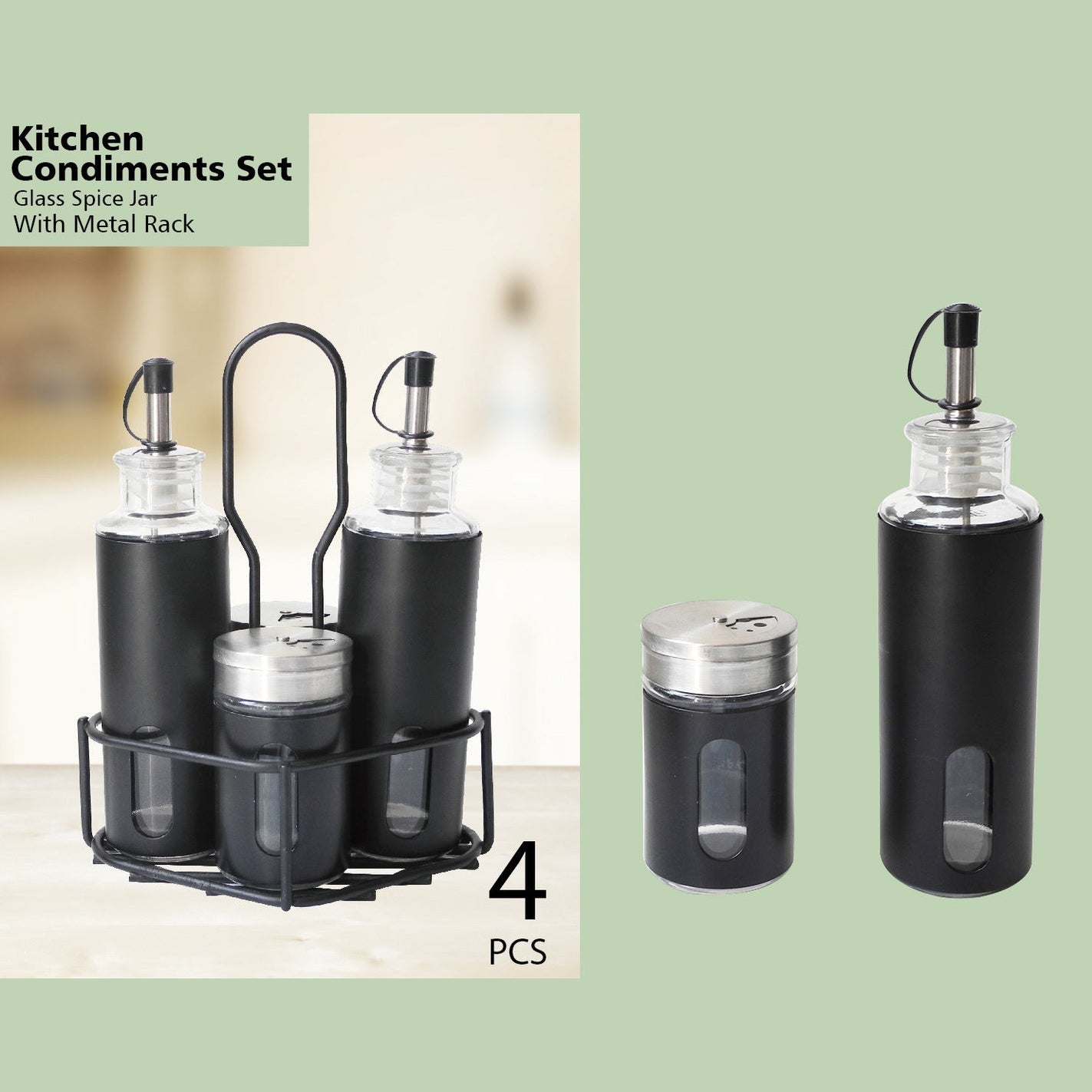 Glass Kitchen Condiment Set 4 pieces -Oil&Vinegar-S&P