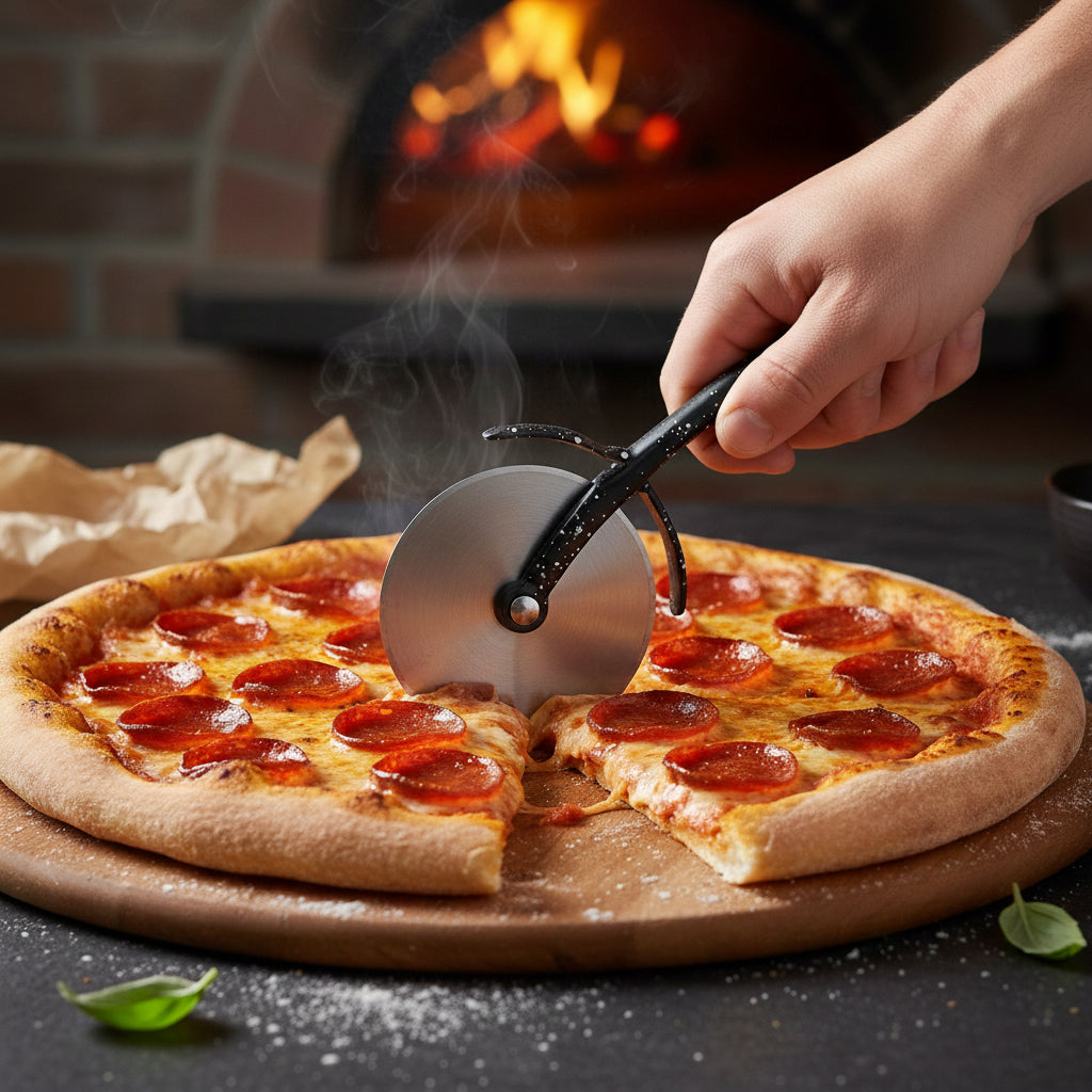 Stainless Steel Pizza Cutter Wheel with Metal Handle Black Granite Color