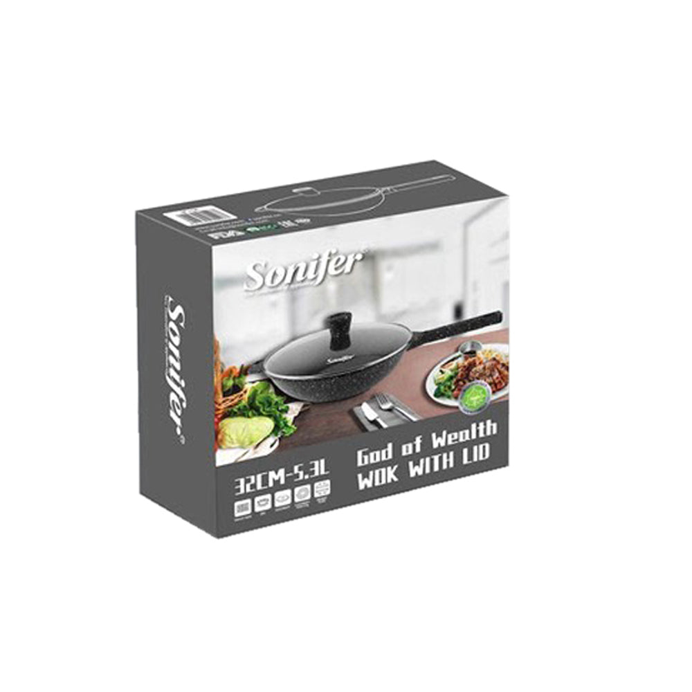 Sonifer, 32cm 5.3L Non-Stick Granite Deep Fry Pan With Glass Lid