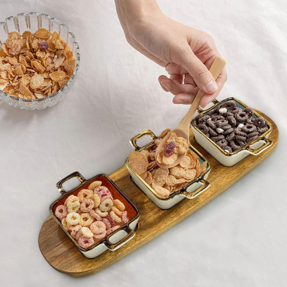Danny Home Acacia Wood Board With 3-Pcs Sauce Bowls