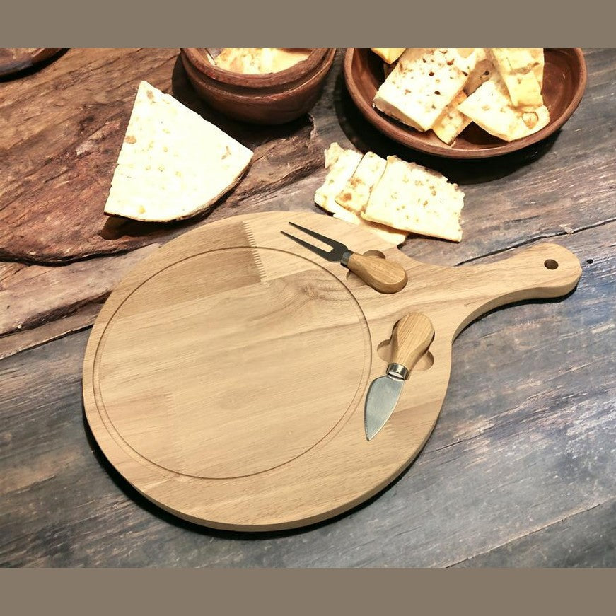 Wooden Round Cheese Board with Long Handle and 2 Knives