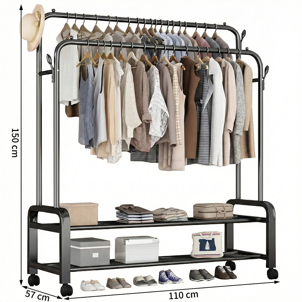 2-in-1 Modern Wheeled Garment Rack with Ample Hanging Space, Shoe Storage Sturdy Hold 60KG (H110 x D57 x W150)cm