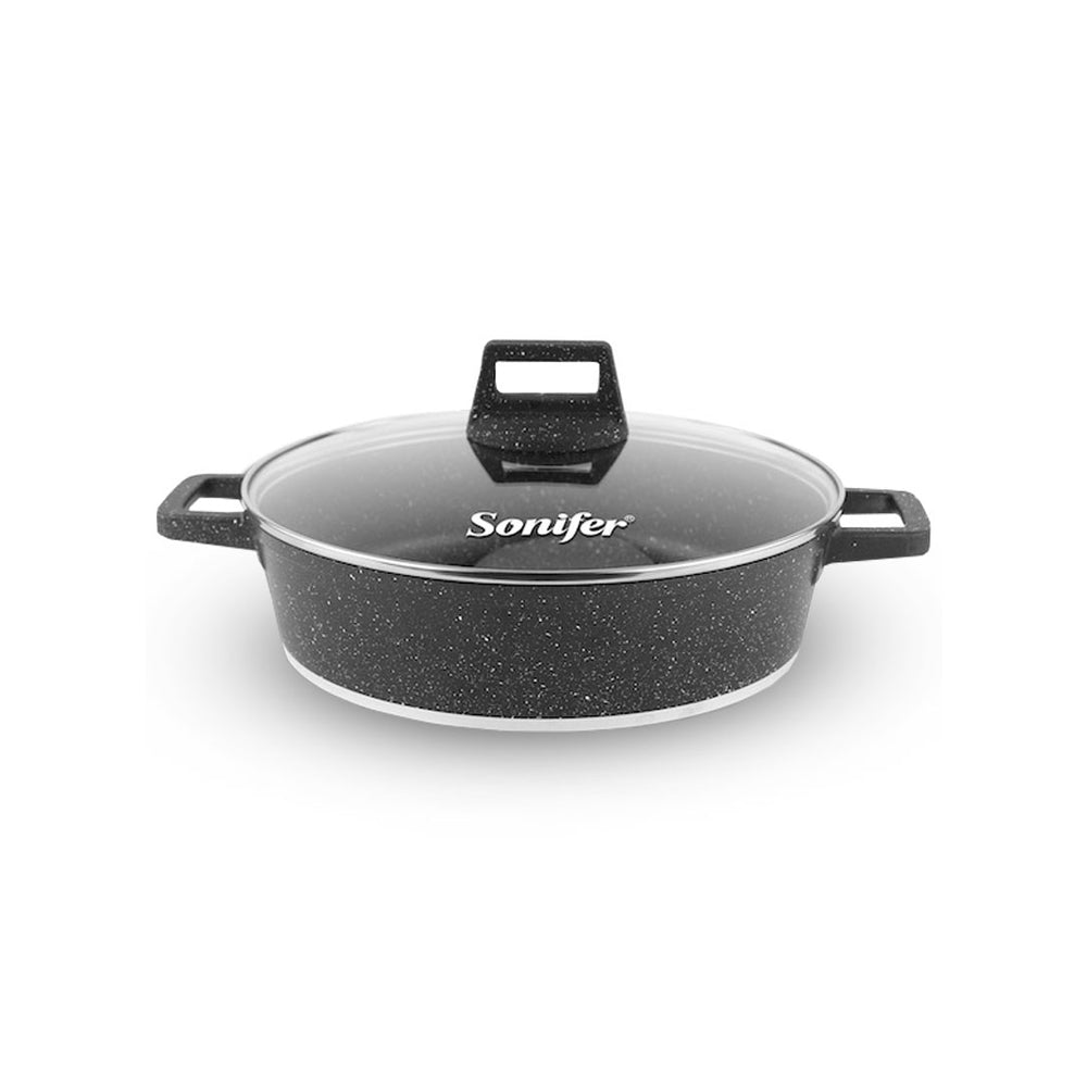 32cm 5.6L Wear-Resistant Non-Stick Granite Shallow Pot With Glass Lid