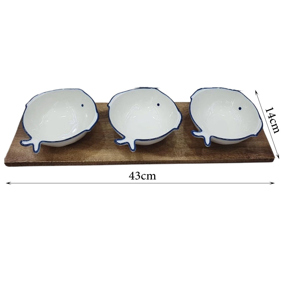 Danny Home Ceramic Snack Seasoning Bowl Holder on Acacia Board – 43cm