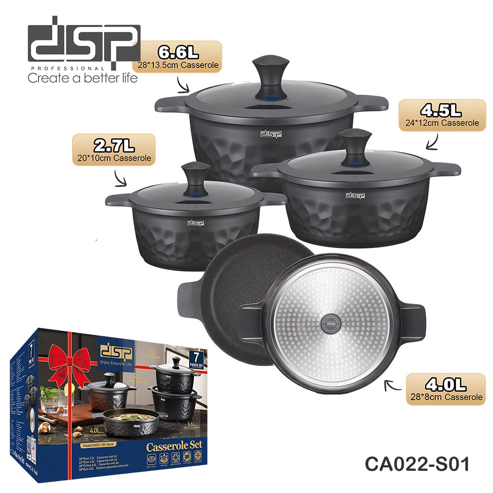 DSP CA022-S01-Black, Die-Casting Non-Stick Casserole Set – 7 Pieces