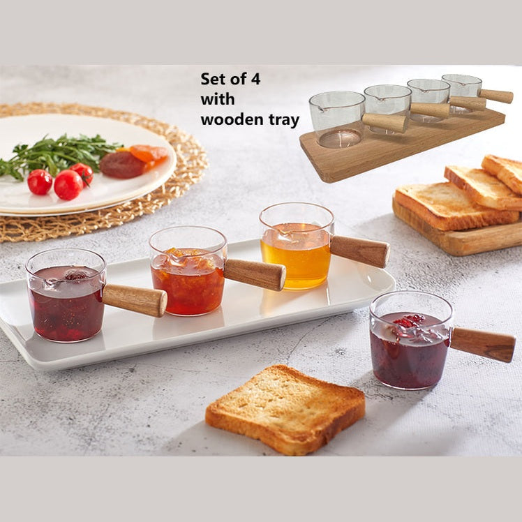 Set of Wooden Base & 4 Mini Acrylic Sauce Bowls Wood Han