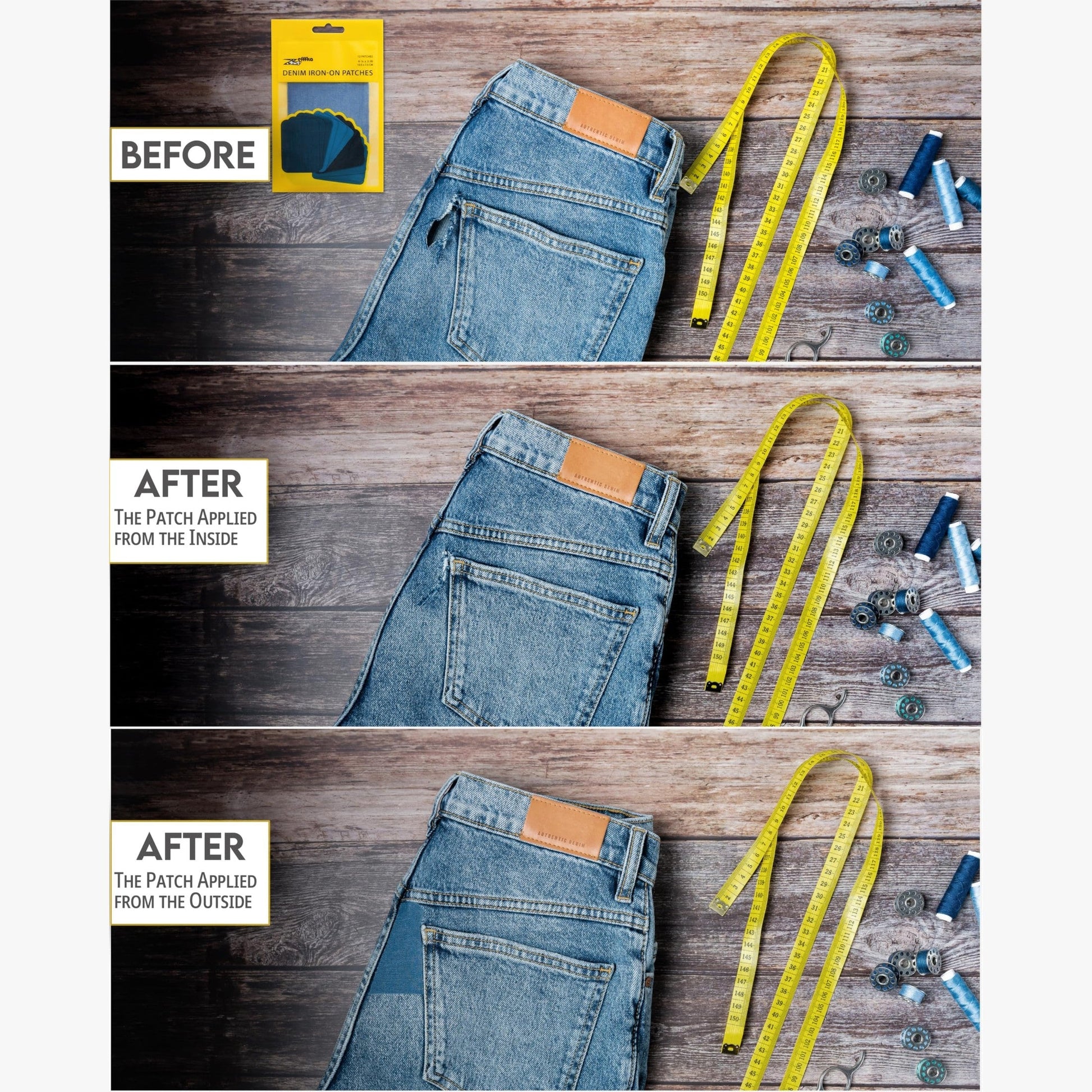 ZEFFFKA Denim Iron-on Patches Inside & Outside Strongest Glue 100% Cotton Black and White Repair Decorating Kit 12 Pieces Shades of Blue Size 3" by 4-1/4" (7.5 cm x 10.5 cm) - Medaid International