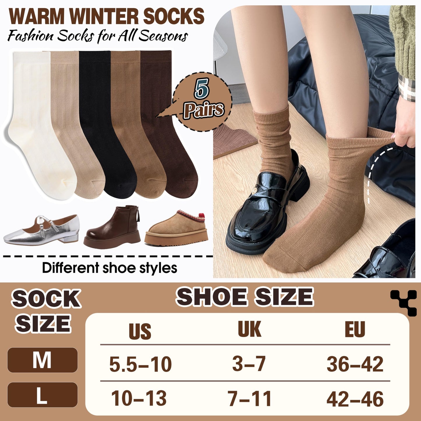 MOGGEI Thin Merino Wool Boot Socks for Women Warm Winter Cozy Comfy Work Socks 5 Pairs Gifts Stocking Stuffers(Khaki/Coffee/Beige/Black,M) - Medaid International