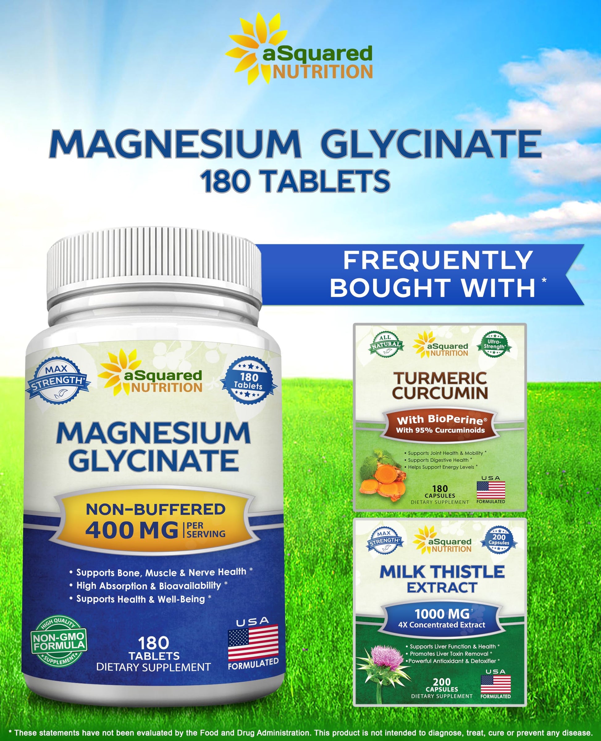 aSquared Nutrition Magnesium Glycinate 400mg - 180 Tablets - Max Strength Magnesium Bisglycinate Supplement -Maximum Bioavailability & Absorption-Non-GMO -Not Buffered-Supports Muscles, Bones & Heart - Medaid International