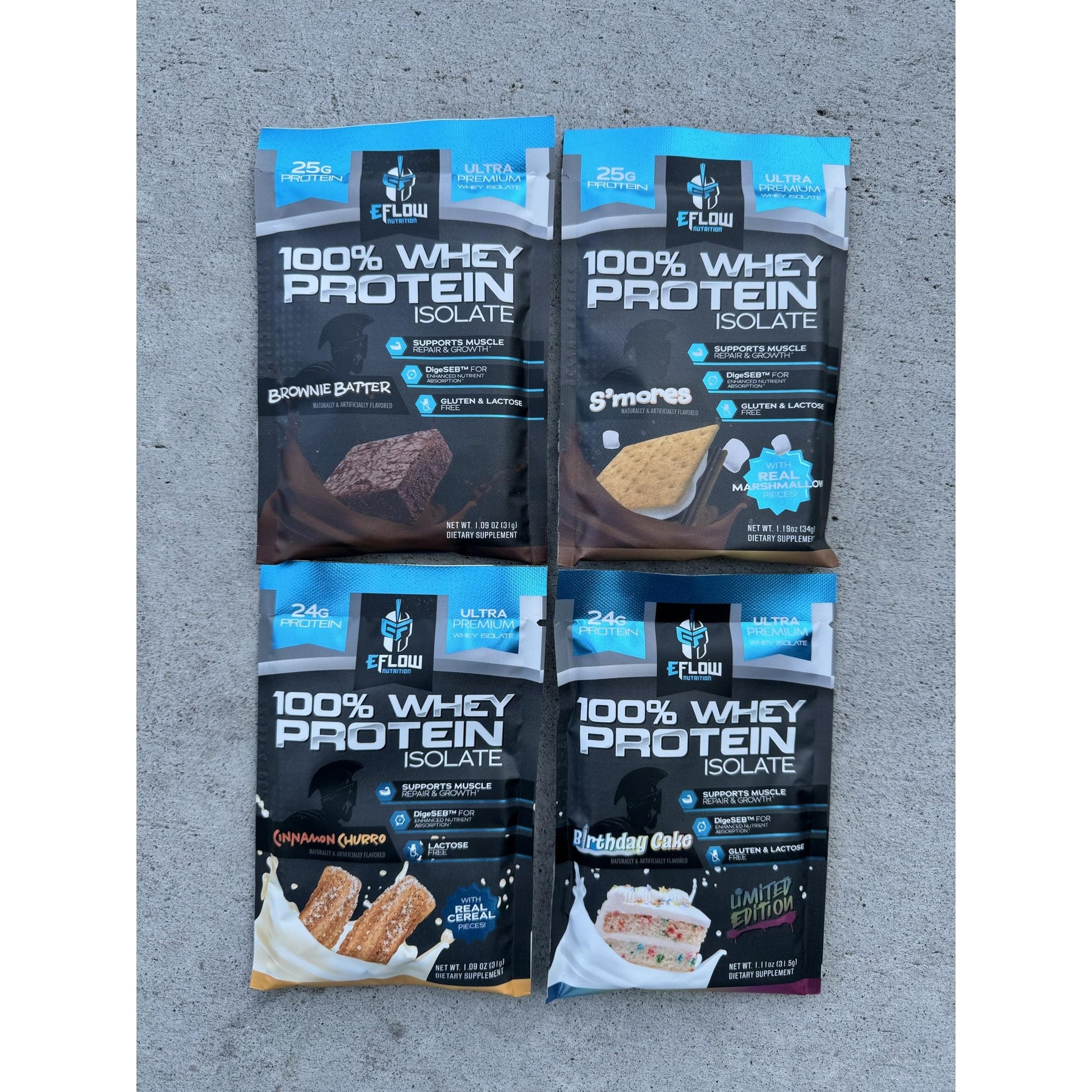 eFlow Nutrition Whey Protein Sample Variety - Isolate Protein Powder Samples, Low Calorie, Fast-digesting, Premium Quality, Travel Packs, Low Carb (4 Pack) - Medaid International