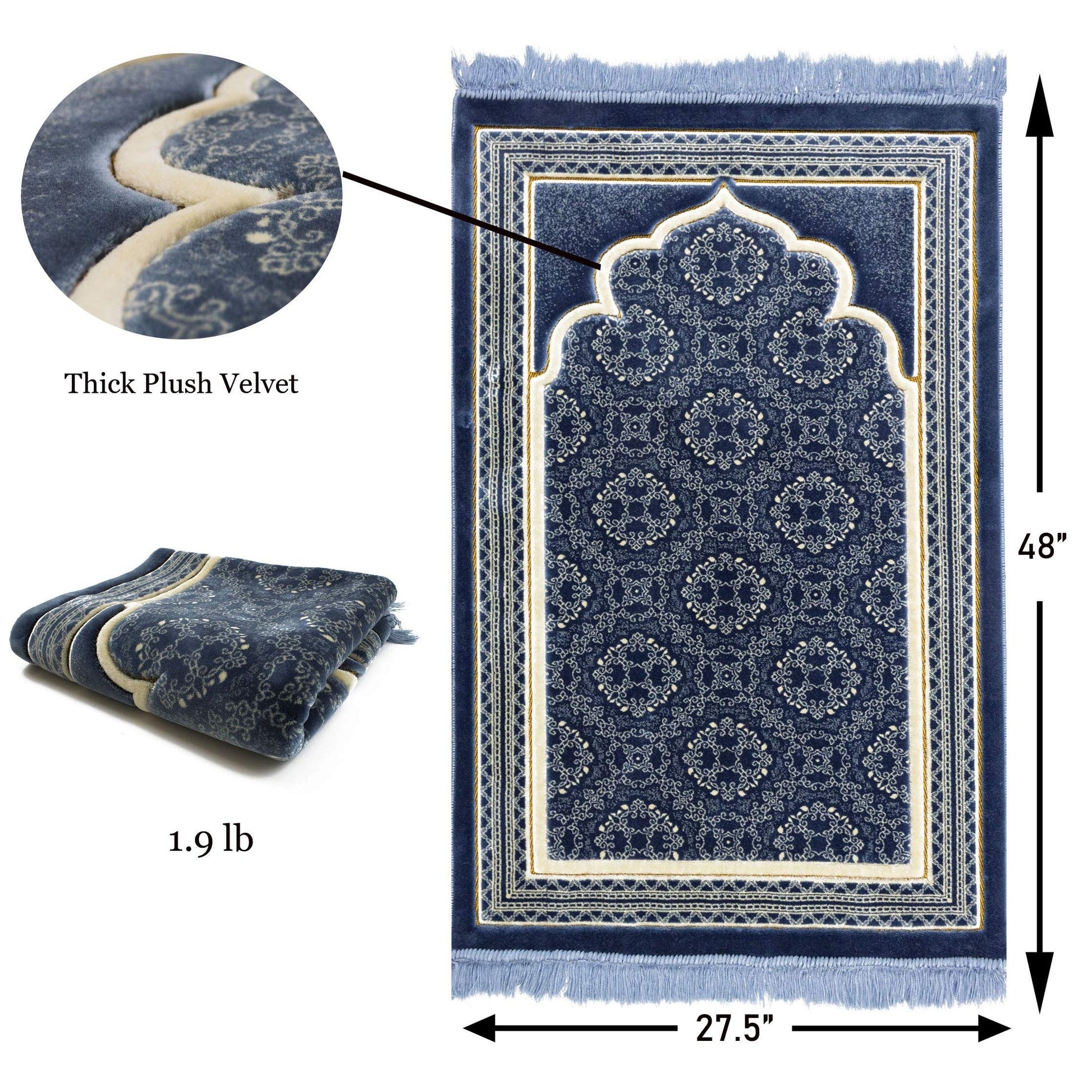 Modefa Turkish Islamic Prayer Rug - Soft Velvet Janamaz Praying Carpet - Comfortable Muslim Praying Mat for Men & Women - Ramadan or Eid Gift - with Kufi Prayer Cap - Elegant Swirl (Blue) - Medaid International
