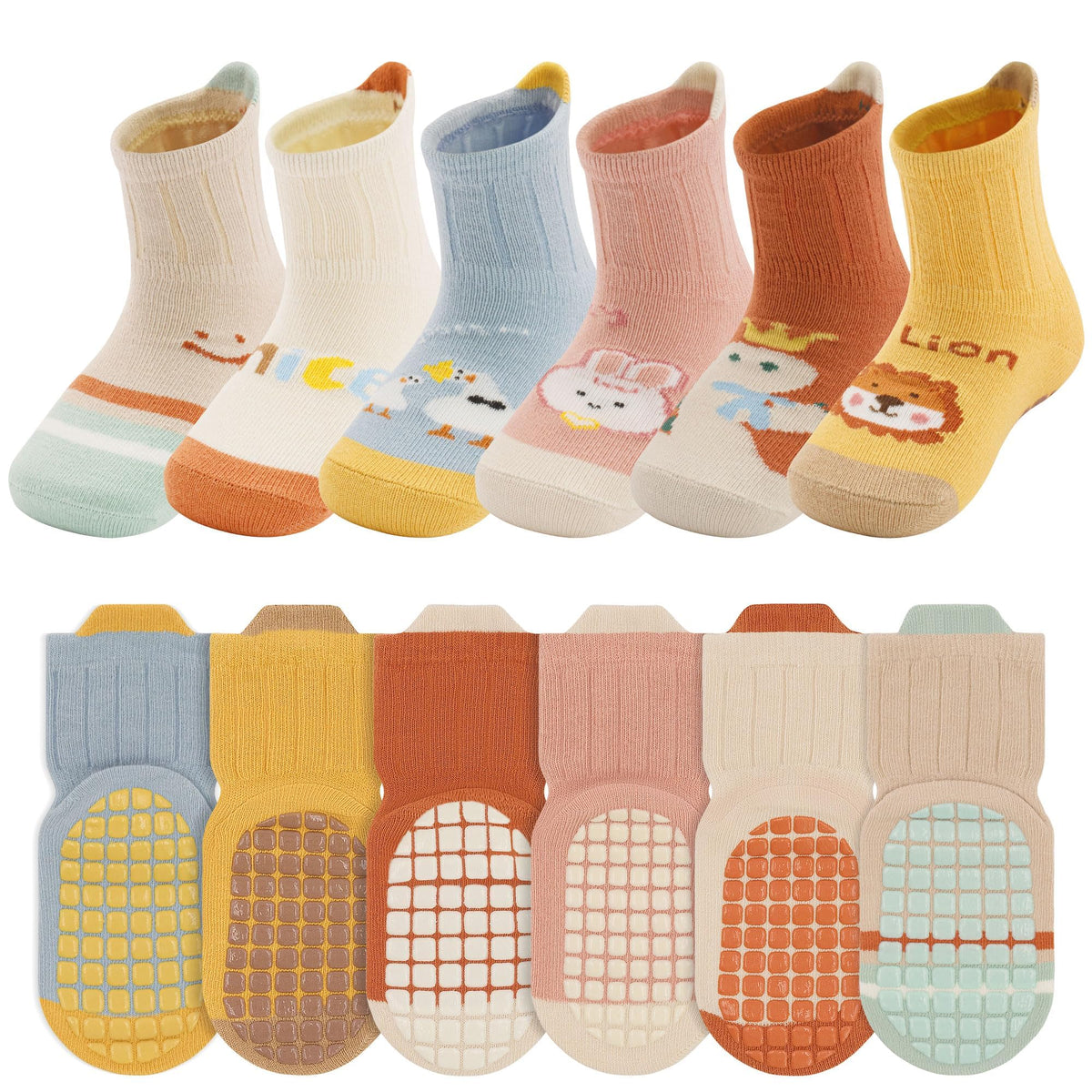 TERRIFI Baby Non-skid Grip Socks Toddler Socks Anti Skid Slipper Crew Socks for Girls Boys Infant Newborn, 6 Pairs, S Size, 0-12 months infant