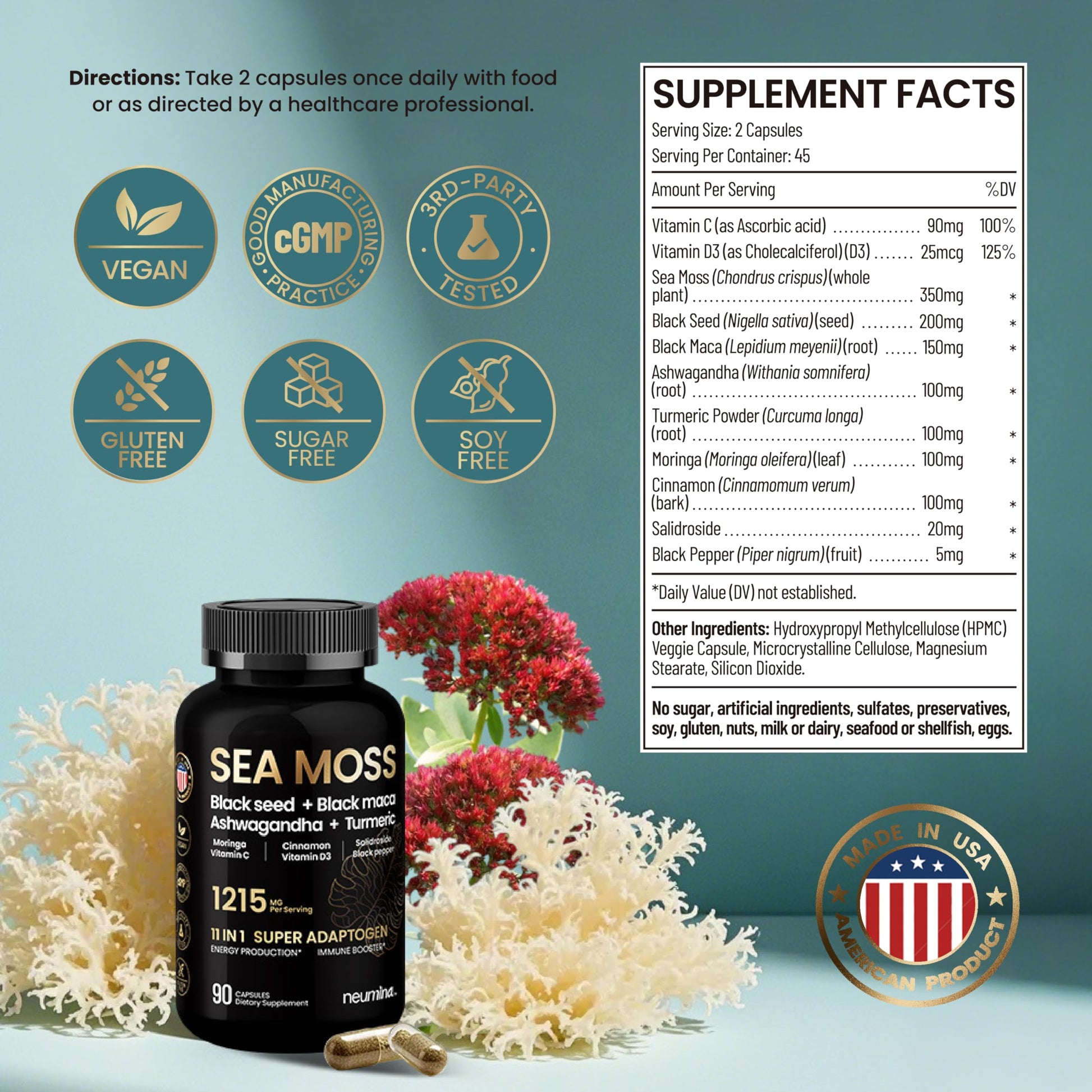 NEUMINA 1215mg Sea Moss Super Adaptogen Capsules, 90 Count - High-Potency, Pure, Made in The USA, Vegan Powerhouse with Black Seed, Black maca, Ashwagandha & Turmeric – Energy, Stress & Immune Boost - Medaid International