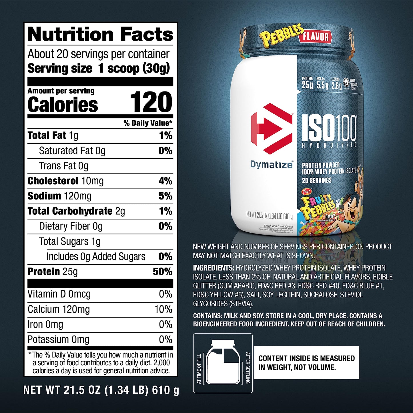 Dymatize x Fruity Pebbles ISO100 Whey Protein Powder Isolate, 25g of Protein, 5.5g BCAAs, 120 Cal., Gluten Free, 1g Fat, 1g Sugar, 2g Carb (20 Servings) - Medaid International
