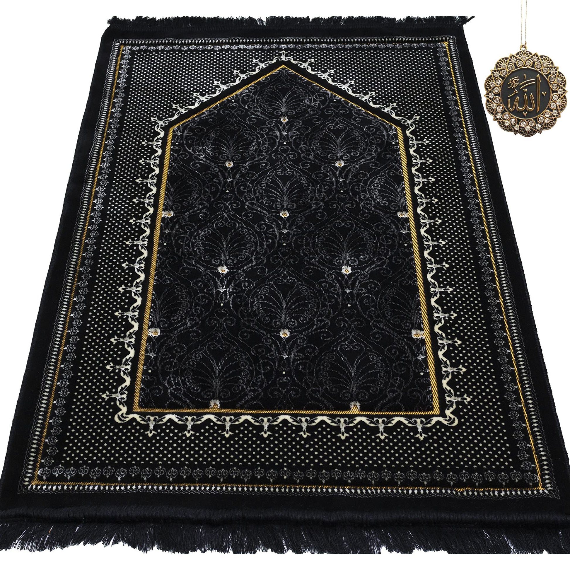 Modefa Turkish Islamic Velvet Prayer Rug - Thick & Wide Soft Carpet for Men & Women - Large Muslim Salah Mat - Ramadan & Eid Gift - with Car Hanger - Double Plush Topkapi (Black) - Medaid International