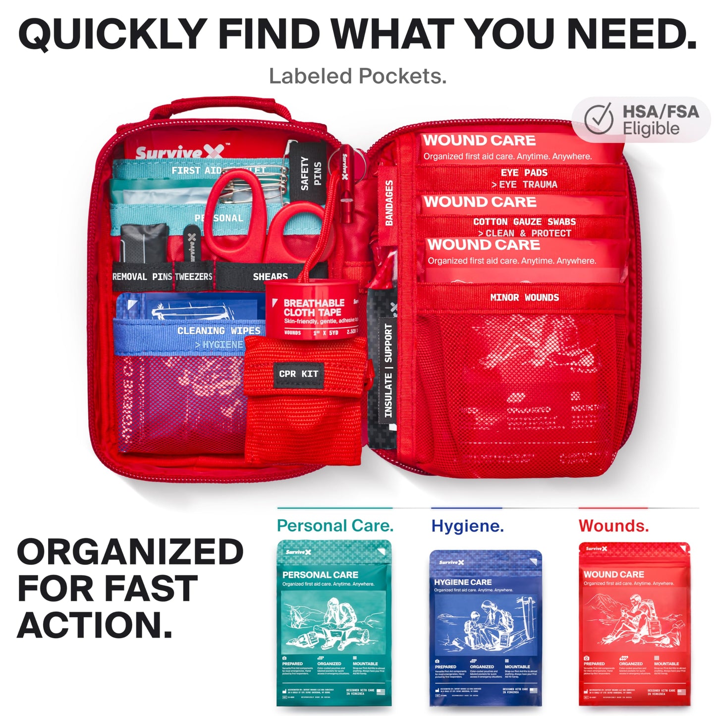 SurviveX Small First Aid Kit for Car, Travel & Home - Emergency Kit for Hiking, Camping, Backpacking and Outdoors - Includes Zip Stitch Wound Closure Strips