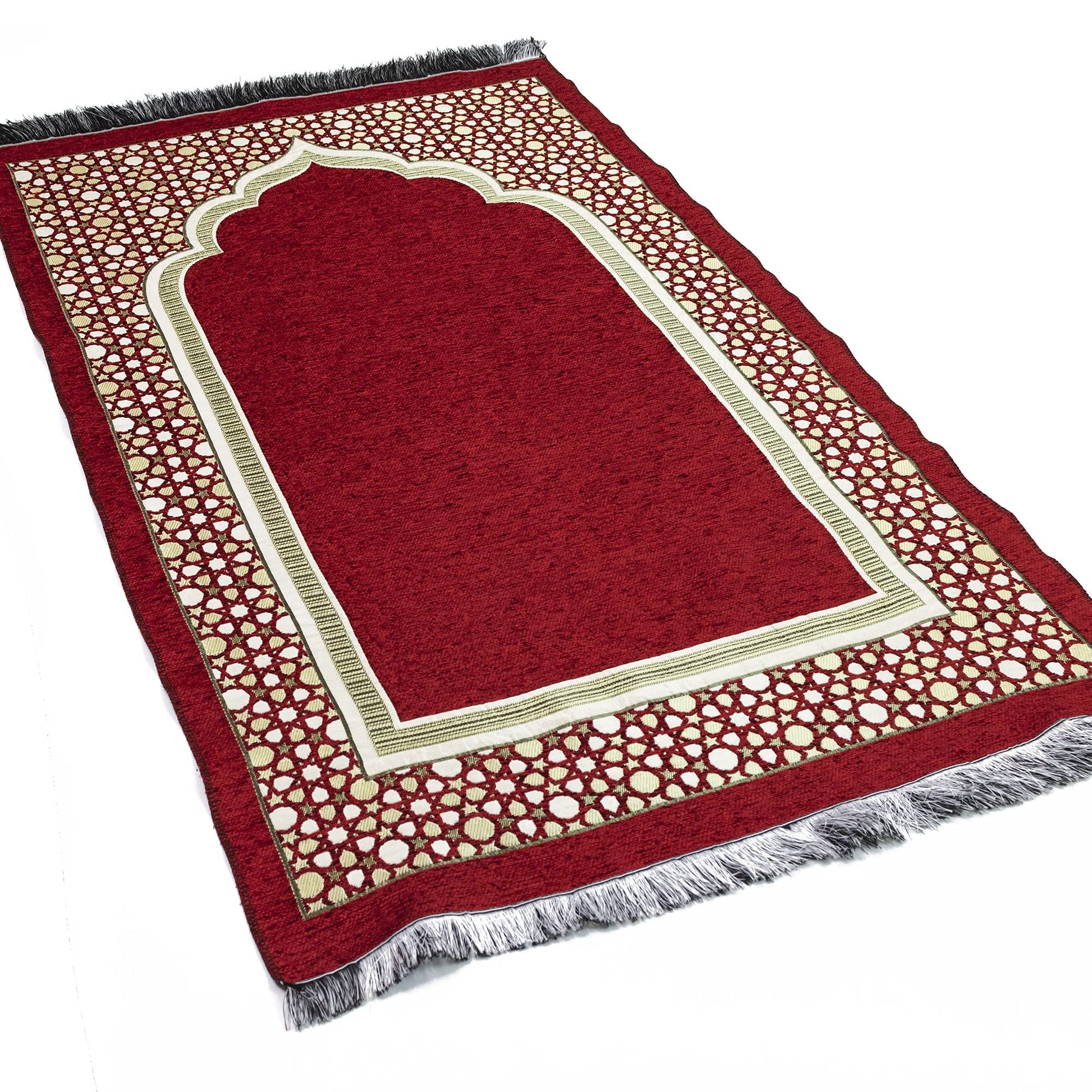 Modefa Turkish Islamic Prayer Mat - Thin Woven Chenille Sajjadah - Intricate Praying Rug Ramadan Eid Gift - Traditional Muslim Janamaz Sajada for Men Women - Geometric Selcuk Star (Red) - Medaid International