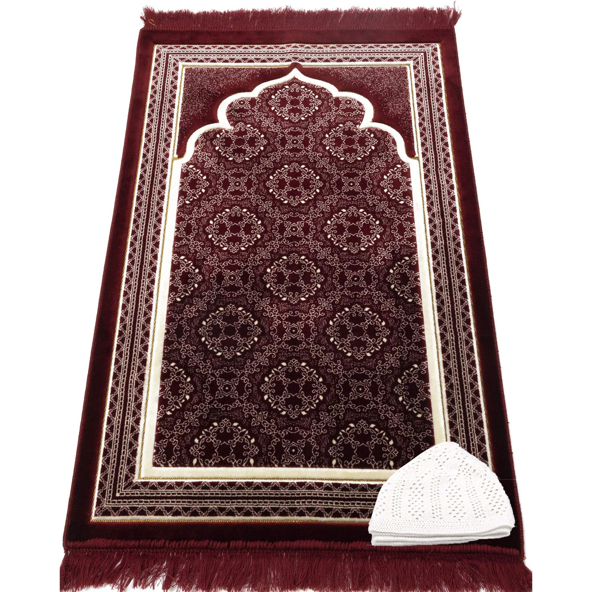 Modefa Turkish Islamic Prayer Rug - Soft Velvet Janamaz Praying Carpet - Comfortable Muslim Praying Mat for Men & Women - Ramadan or Eid Gift - with Kufi Prayer Cap - Elegant Swirl (Red) - Medaid International