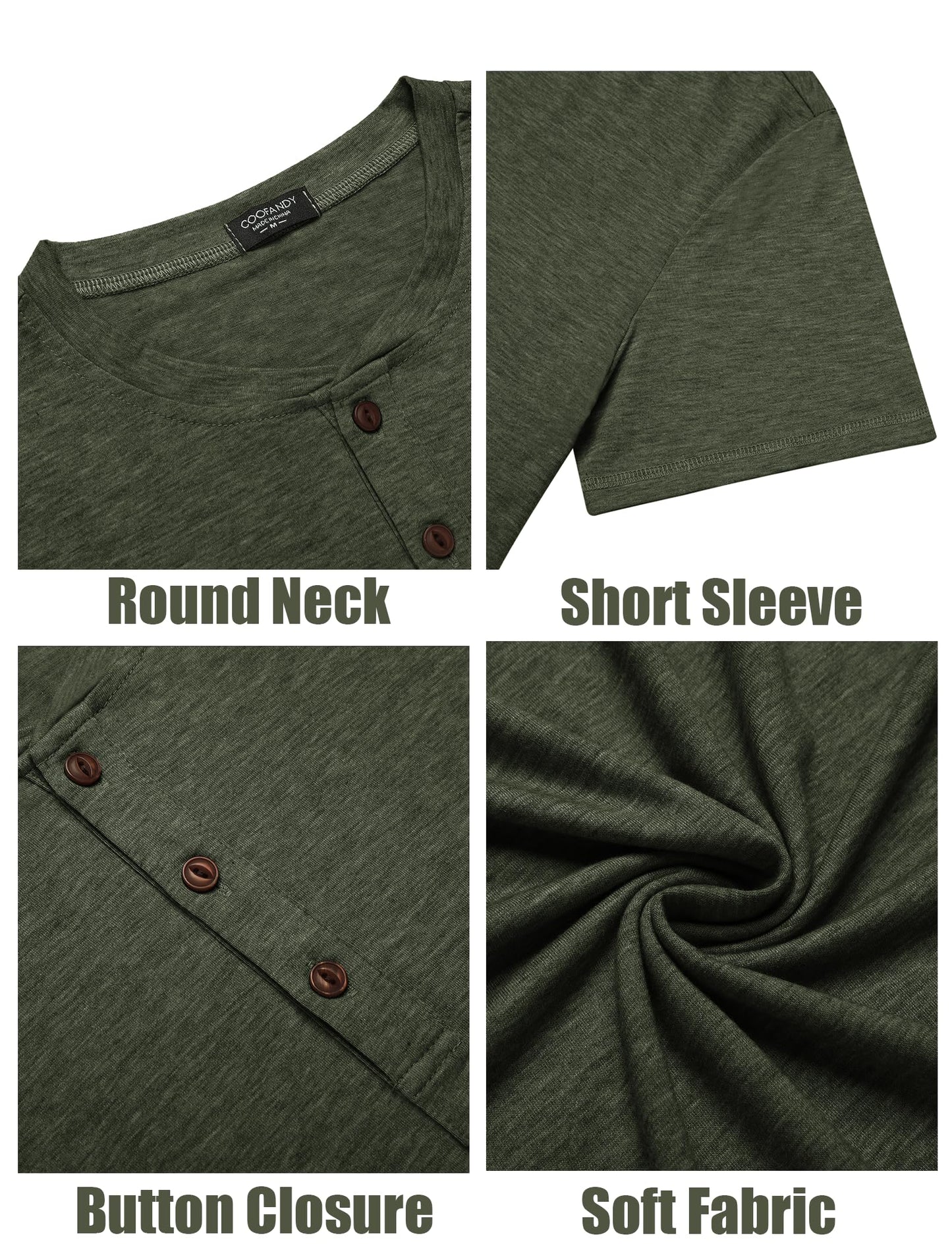 COOFANDY Men's Henley Short Sleeve Shirts Casual Button Henley Basic Tee Solid Fashion Shirts Dark Green - Medaid International