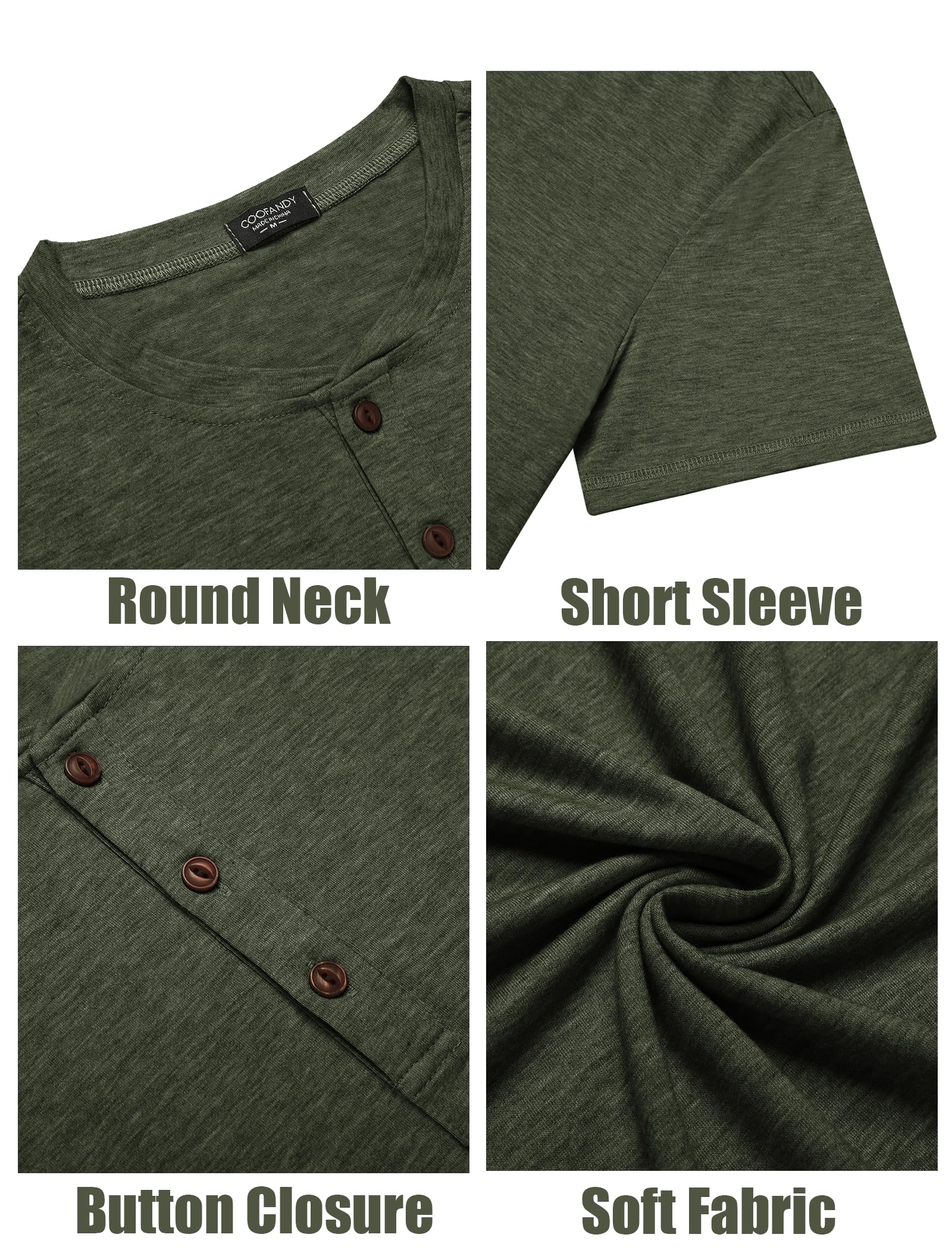 COOFANDY Men's Henley Short Sleeve Shirts Casual Button Henley Basic Tee Solid Fashion Shirts Dark Green - Medaid International