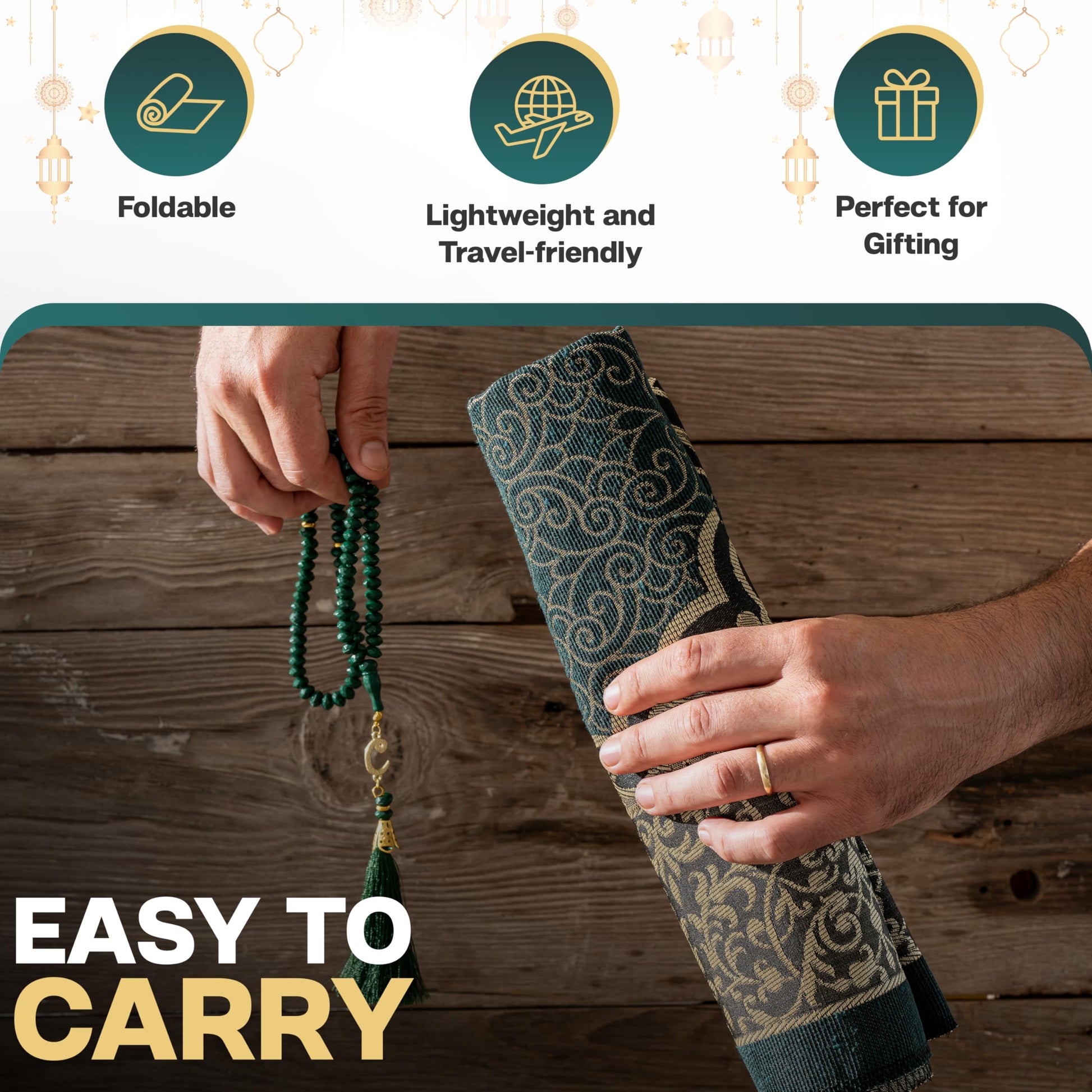 SUMELA Muslim Prayer Rug with Islam Prayer Beads - Travel Prayer Mat, Islamic Gifts for Women, Portable Prayer Matt Islam, Islamic Prayer Rug Islam Men Women, Praying Mat for Muslim Gifts, Green - Medaid International