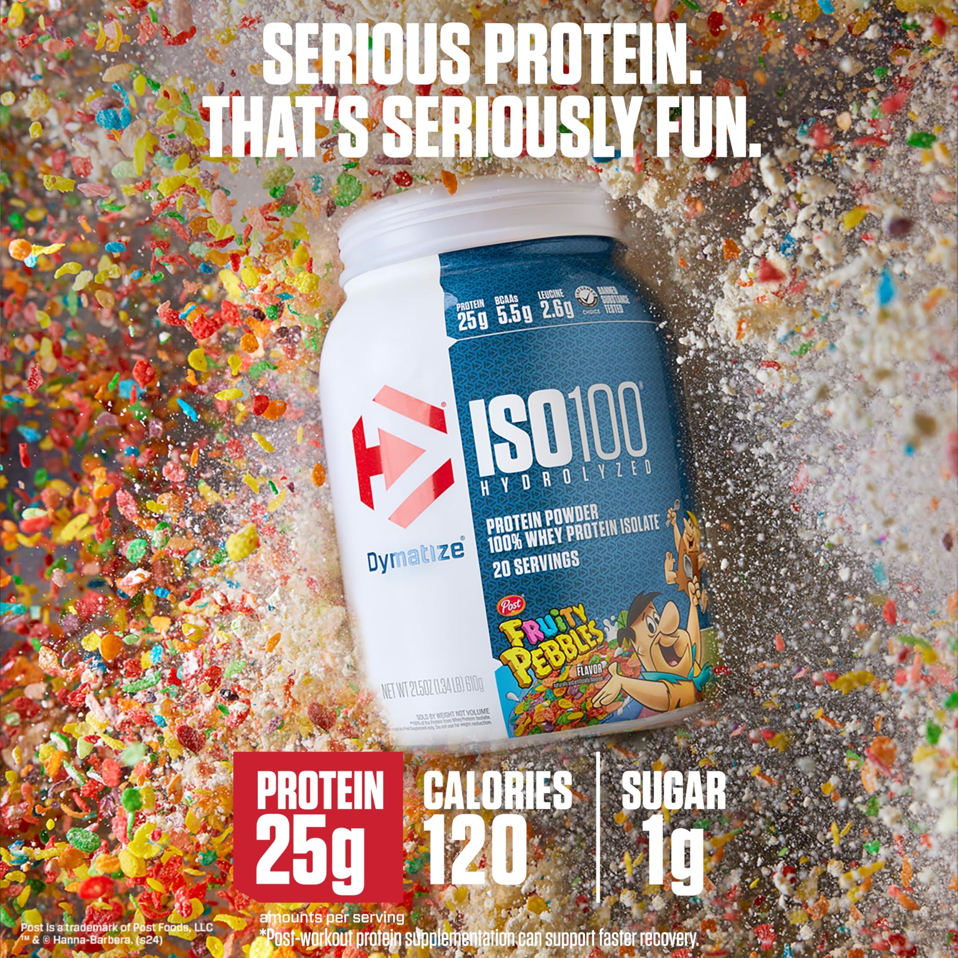 Dymatize x Fruity Pebbles ISO100 Whey Protein Powder Isolate, 25g of Protein, 5.5g BCAAs, 120 Cal., Gluten Free, 1g Fat, 1g Sugar, 2g Carb (20 Servings) - Medaid International