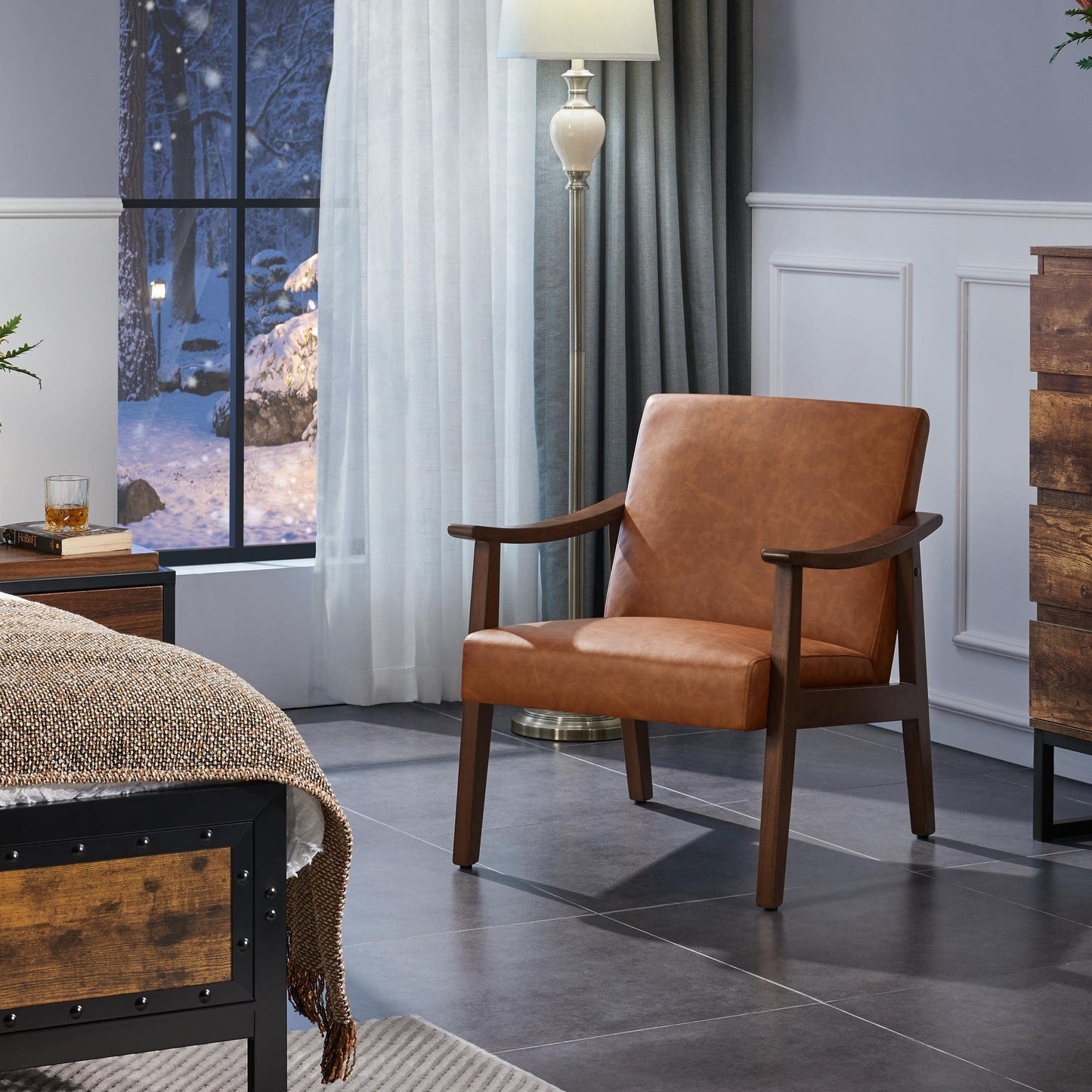 Yaheetech PU Leather Accent Chair, Mid-Century Modern Armchair with Solid Wood Legs, Reading Leisure Chair with High Back for Living Room Bedroom Waiting Room, Brown - Medaid International