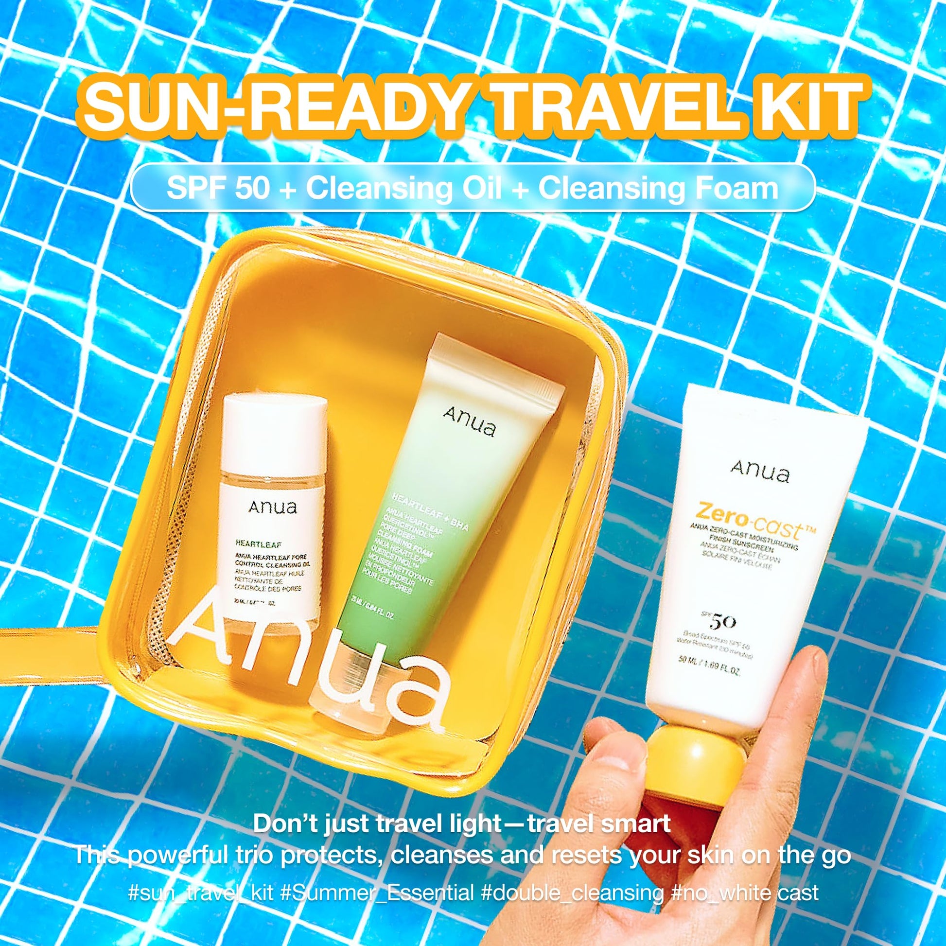 Anua Sun-Ready Travel Kit, Zero-Cast Sunscreen & Cleansing oil & Face Wash. Korean Sunscreen with Mini Size Double Cleansing routine ,Korean Skincare Set - Medaid International