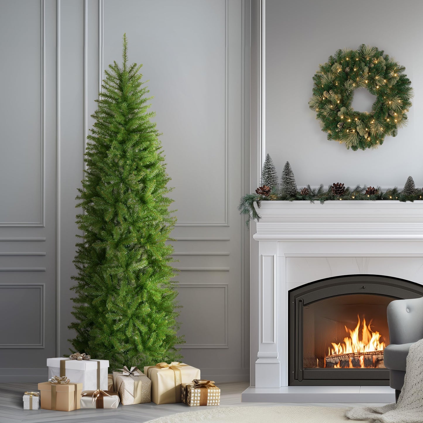 National Tree Company 7 ft Unlit Kingswood Fir Slim Artificial Christmas Tree, 892 Tips, Includes Stand, Green - Medaid International