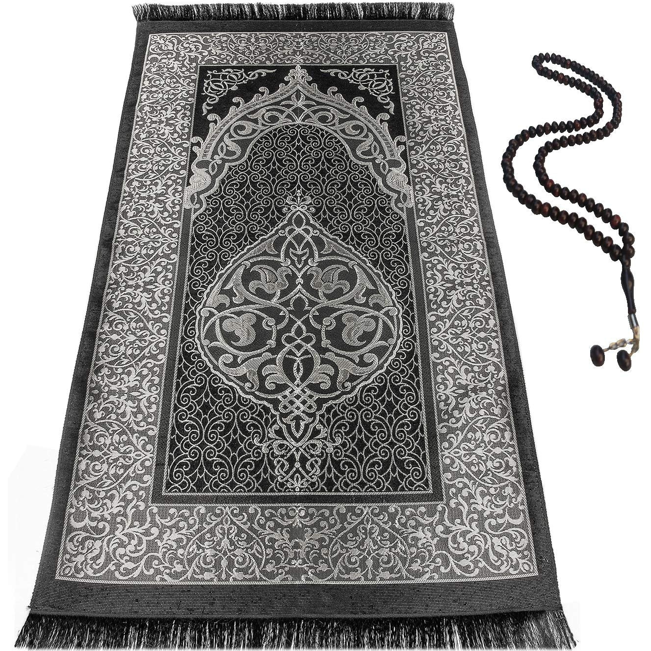 BAYKUL Muslim Prayer Rug, Islamic Turkish Prayer Rugs, Great Ramadan Gifts, Prayer Mat for Women and Men,Islam Carpet,Portable Muslims Mats,Praying Rugs Islam with Beads-Gift Prayer Beads 99 (Grey) - Medaid International